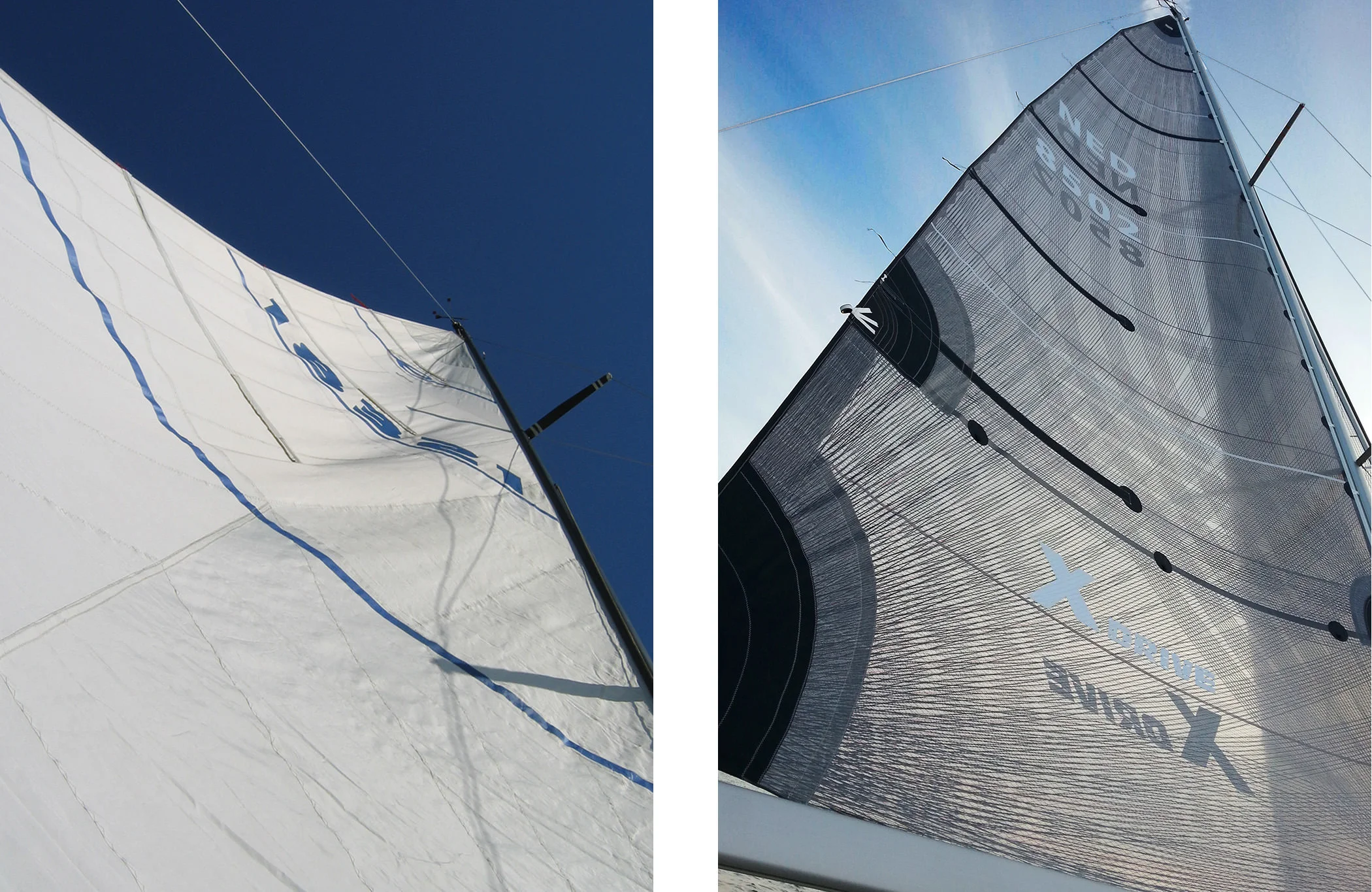 A blown out mainsail on the left shows distortion wrinkles and the draft point too far aft, both of which prevent the sail from giving any aerodynamic lift. Compare it to the sail on the right , which is a smoother, perfectly shaped X-Drive sail. 