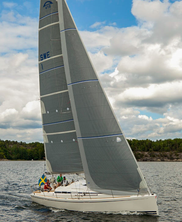 Titanium fully-battened mainsail with grey double sided taffeta. The genoa uses the same construction. Click to enlarge. 