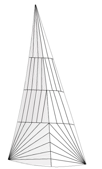 Radially panelled sails use"warp-oriented" cloth where the strongest yarns run the length of the narrow panels as shown by the thin grey lines. For clarity, the diagram only shows thread lines of the panels in the back half of this sail. 