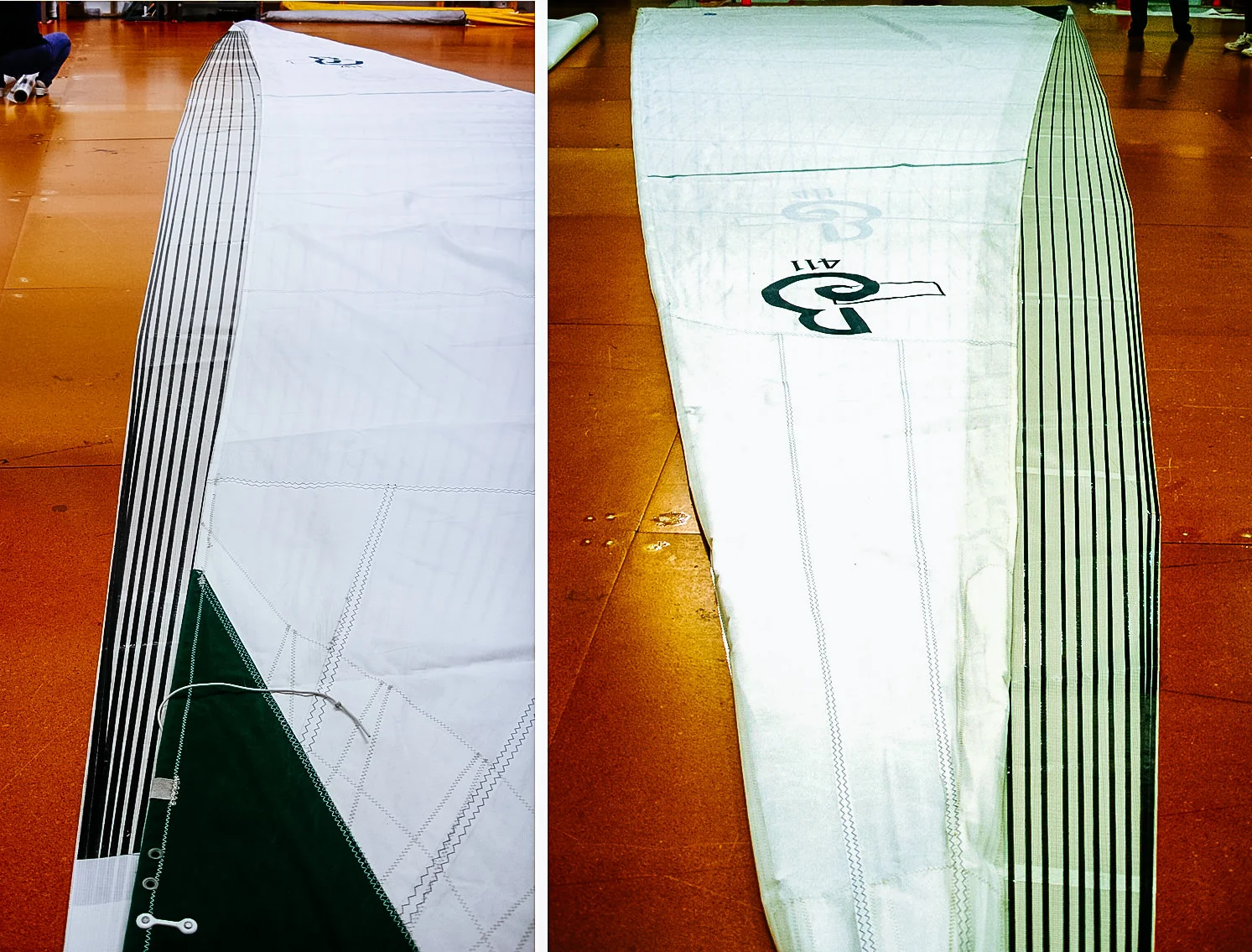 The pictures above illustrate how much bigger a vertical batten roller-furling mainsail is compared to a concave leech batten-less main. In the pictures, the Dacron batten-less main for a Beneteau 411 is laying over its partially finished replacement main, which is a vertical batten Tape-Drive sail.