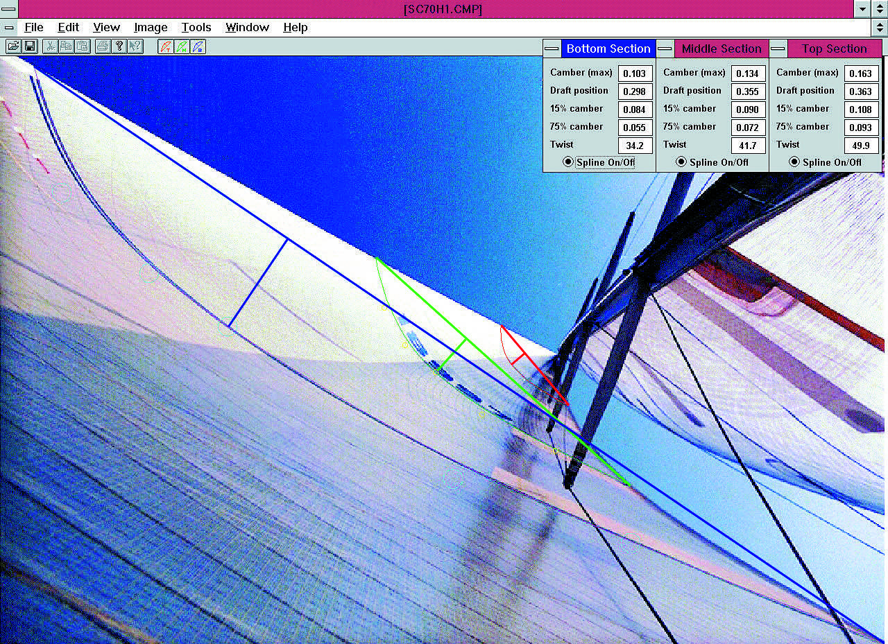 A screen capture of UK's AccuMeasure program which is used to analyze a sail's flying shape. Click here to download the program for free.