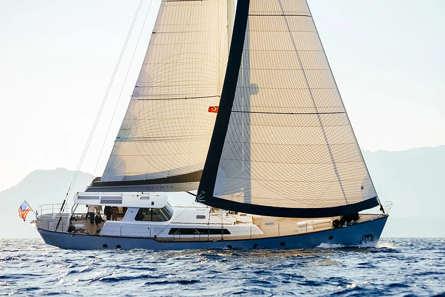 The 80-foot custom motor sailor QUINTA with a Spectra Tape-Drive Passagemaker genoa and full-batten mainsail.