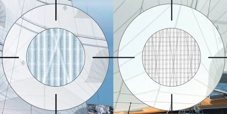Close-ups of Dimension Polyant's Spectra cruising laminates, which include strong warp-oriented Spectra yarns and X-Ply yarns laminated between two layers of Mylar and a Taffeta covering one side of the laminate.