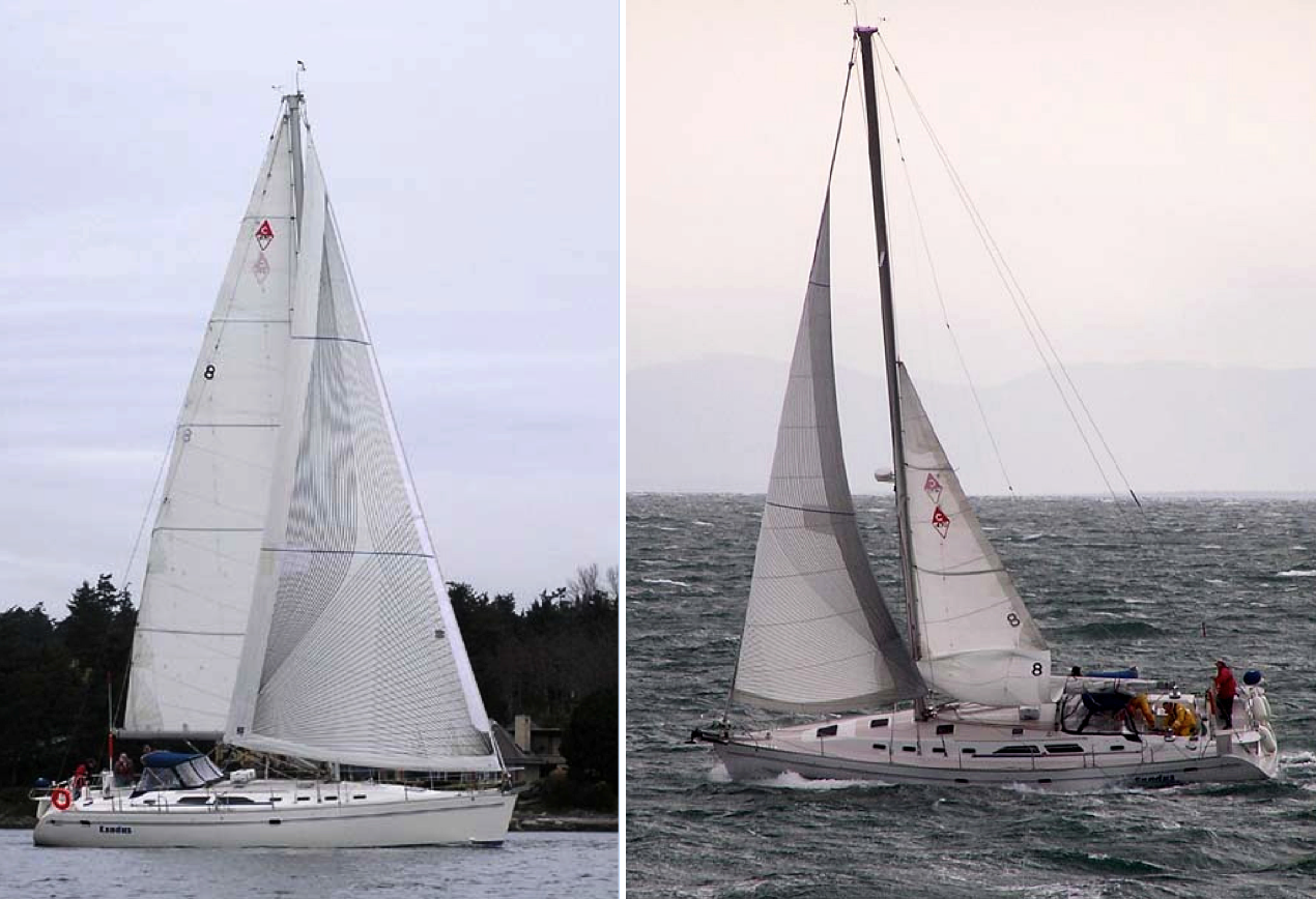 Shown above are two photos of the Catalina 42 EXODUS. On the left is his Carbon Tape-Drive Passagemaker shown fully unrolled. On the right , it shows the same sail reduced in size for heavy weather sailing.