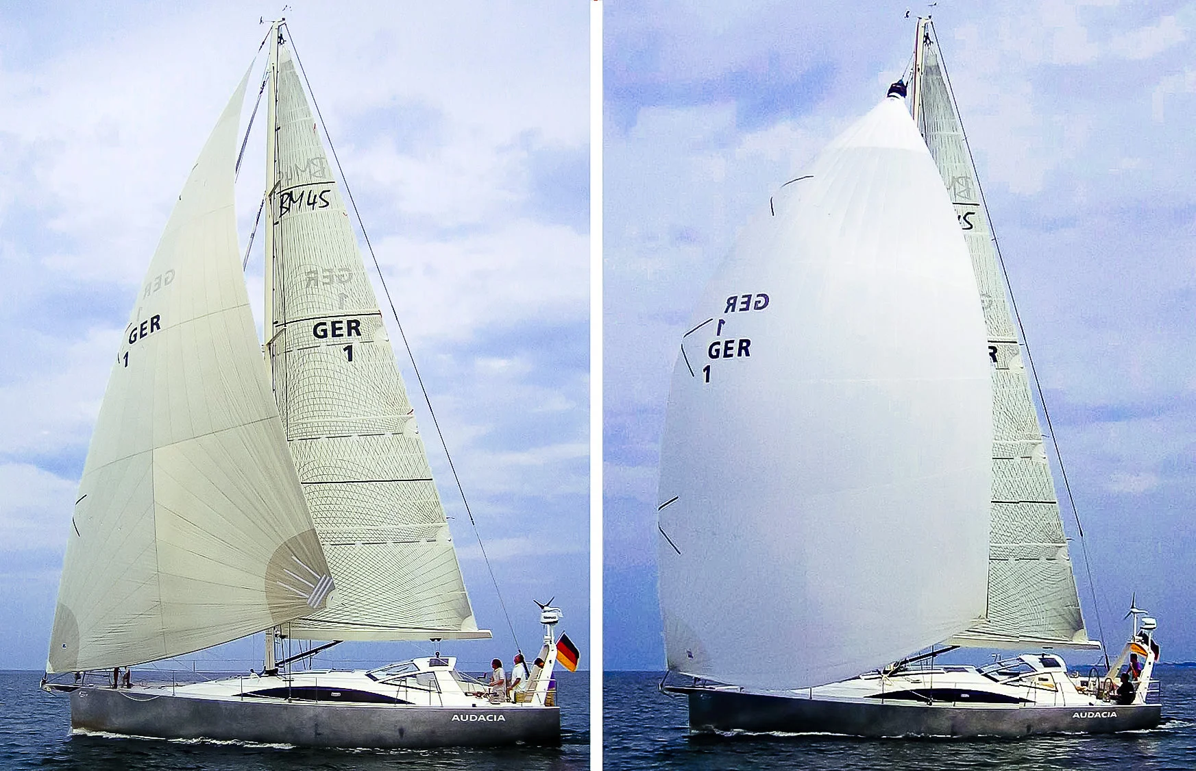 Shown above is a Berckemeyer 45 with a Cruising Code Zero (left) and a Cruising Spinnaker (right). Notice how the Code Zero is a much flatter "triangular" shaped sail that is designed for close reaching. The Cruising Spinnaker is bigger and rounder and designed for broad reaching. Photos courtesy Berckemeyer Yacht Design .