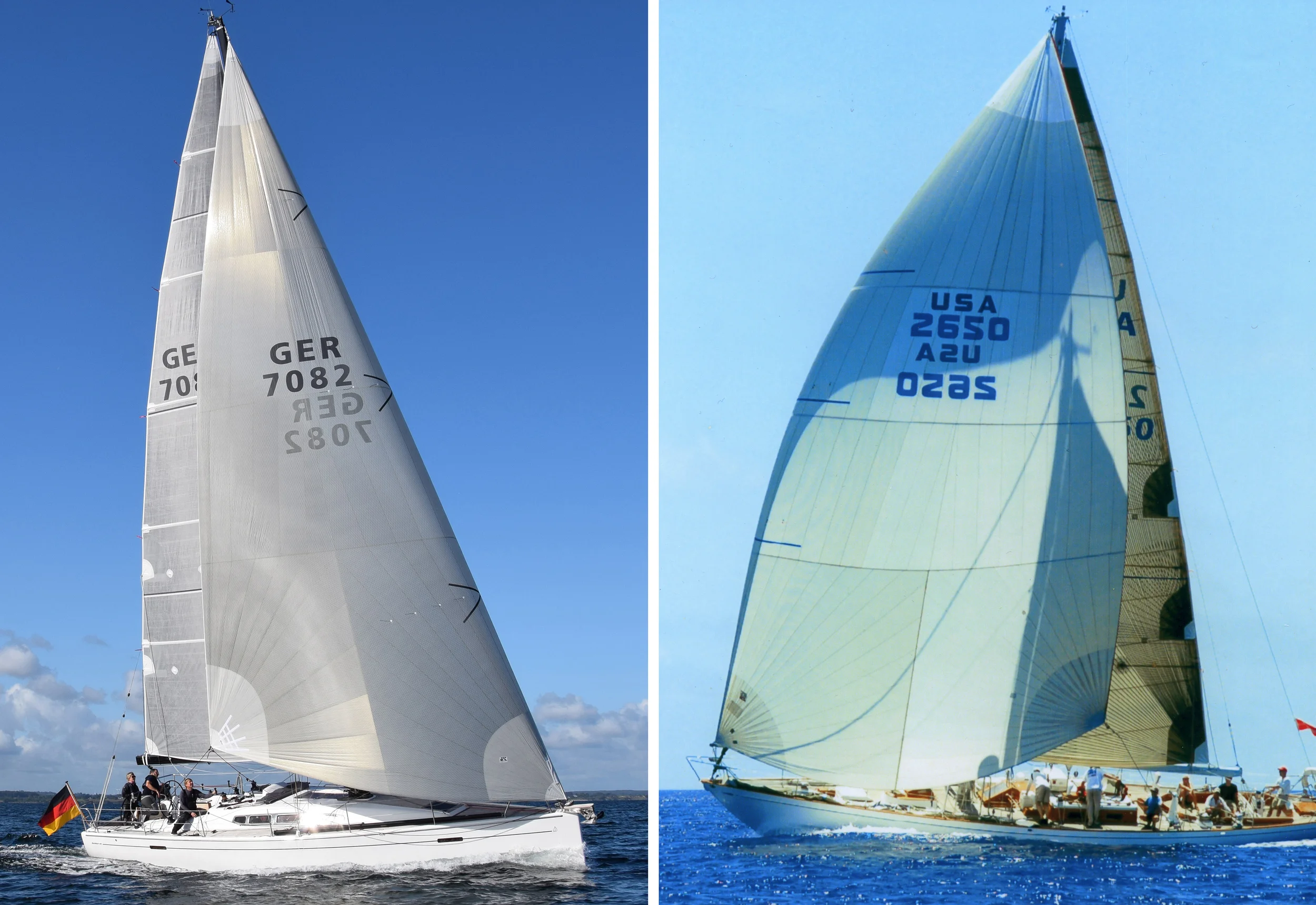 LEFT: Notice how much narrower and flatter the Code Zero is on boats with non-overlapping jibs. These sails are needed as soon as the jib sheet can be eased. RIGHT: On boats with big over-lapping genoas, the Code Zero is not needed for extremely close reaching, which allows the Code Zero to be designed rounder and bigger for sailing slightly broader angles.