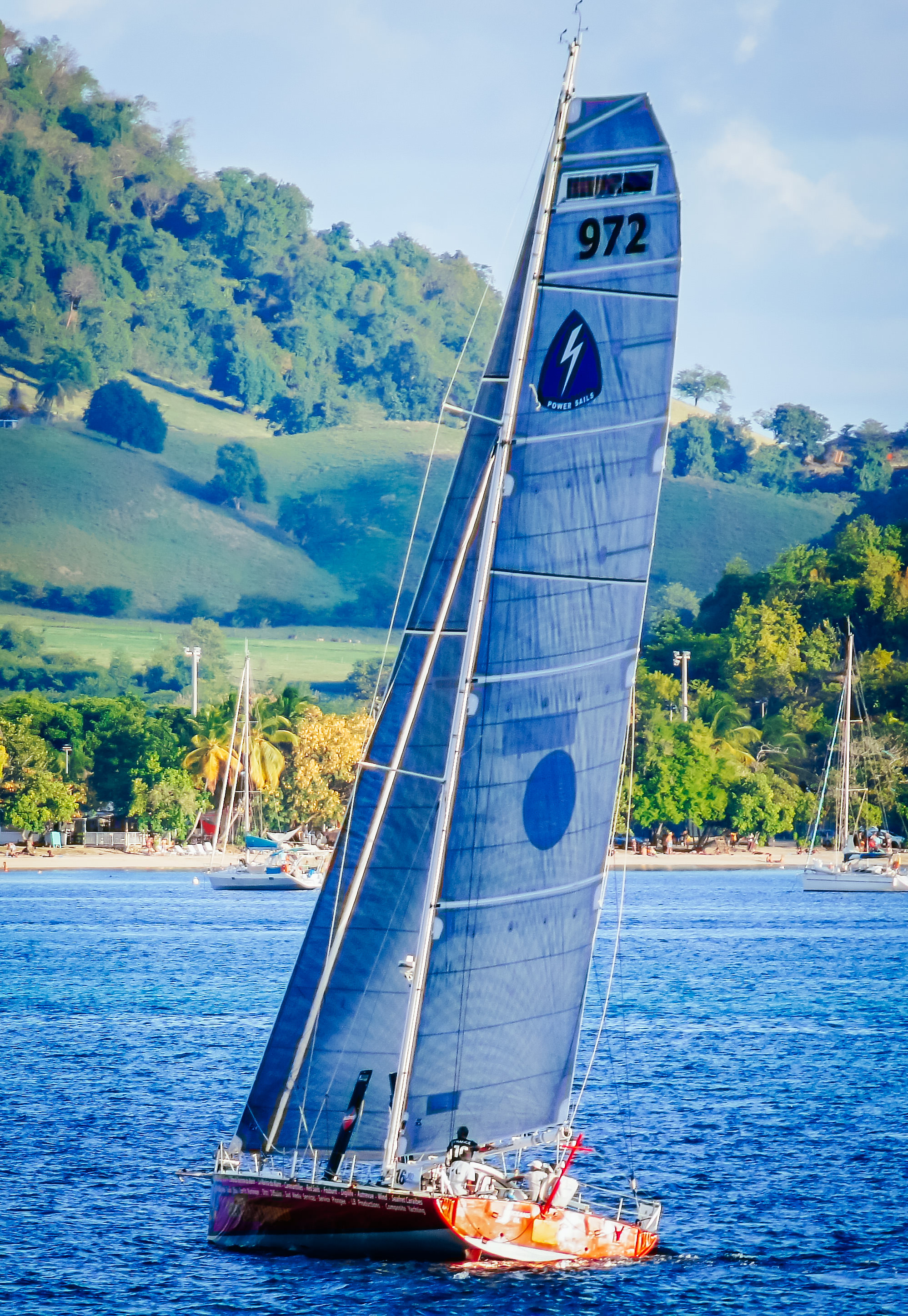 An Open 50 with offshore racing Titanium sails that have double-sided taffeta. 