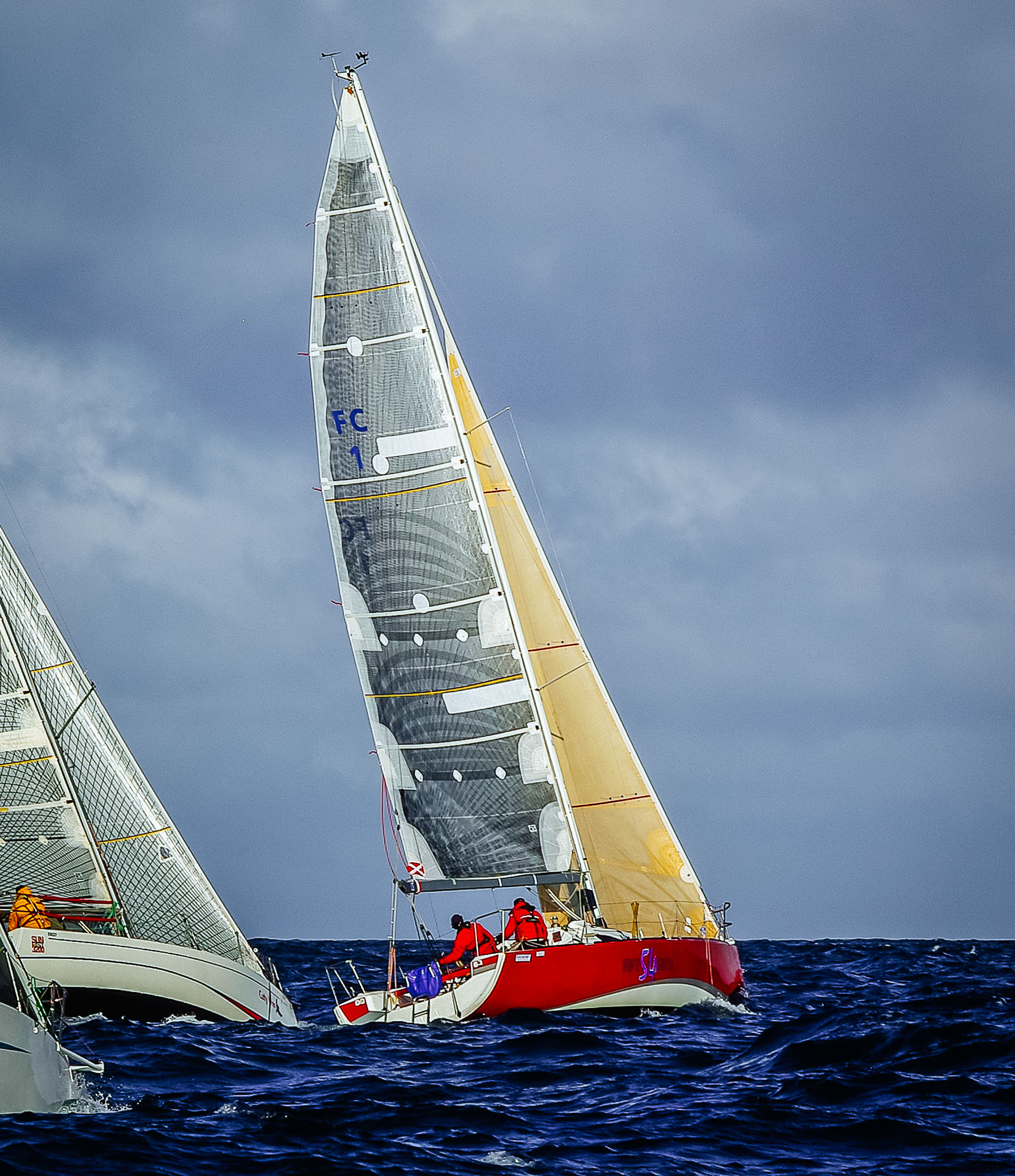 The white boat on the left, is using Tape-Drive sails, while the red boat's mainsail is an X-Drive sail made with carbon tapes on a polyester base laminate.