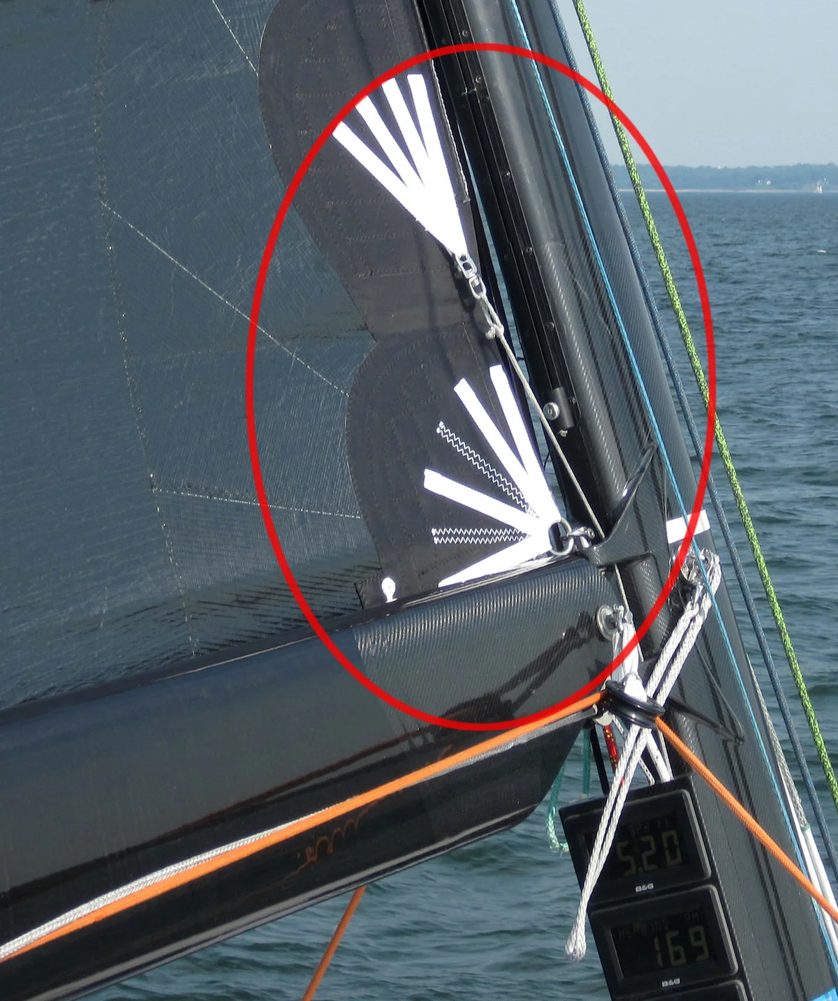 The Cunningham tackle attaches to the luff of the main just above the tack.