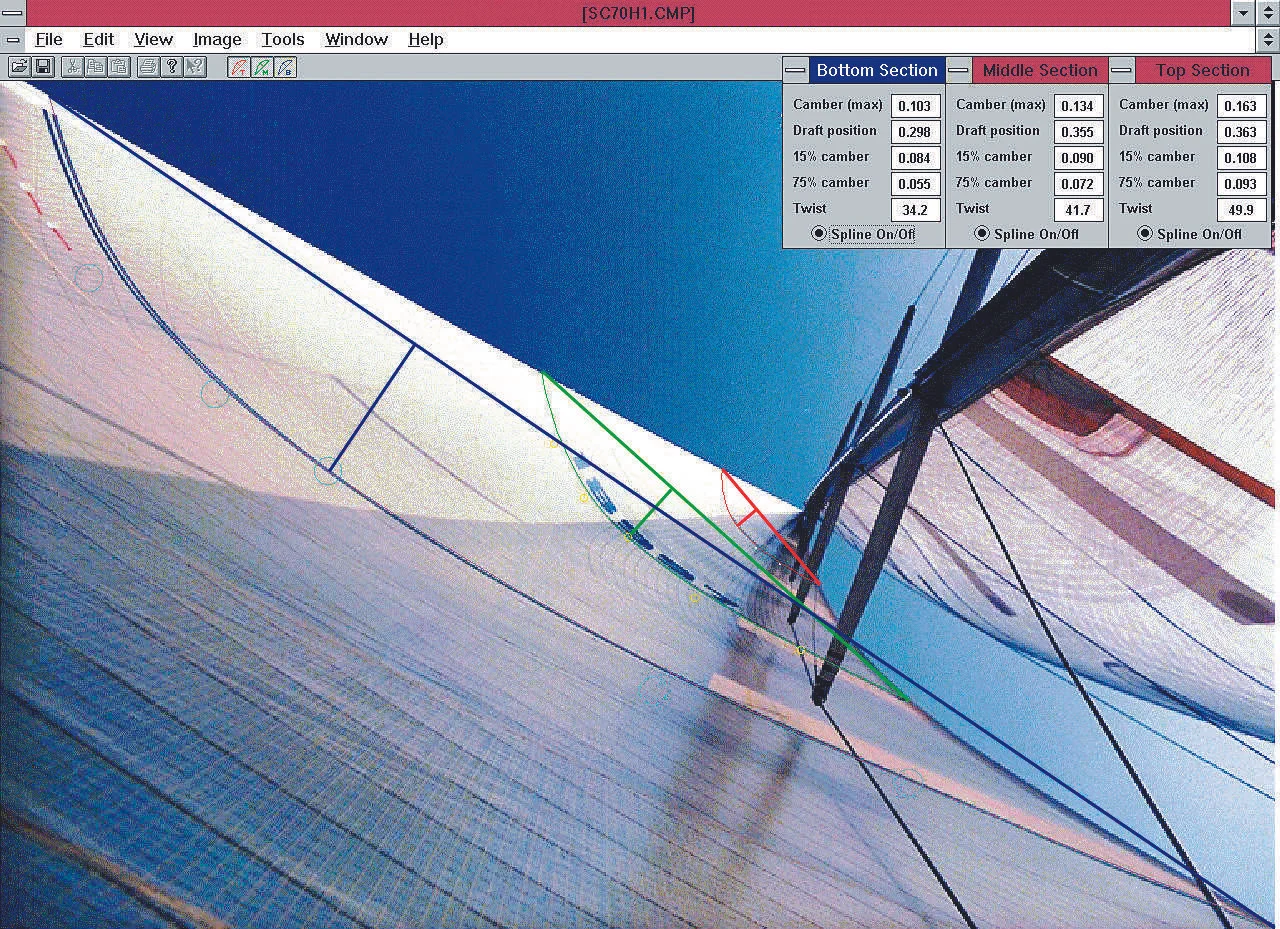 A screen capture of UK's AccuMeasure program which is used to analyze a sail's flying shape. Click here to download the program for free.