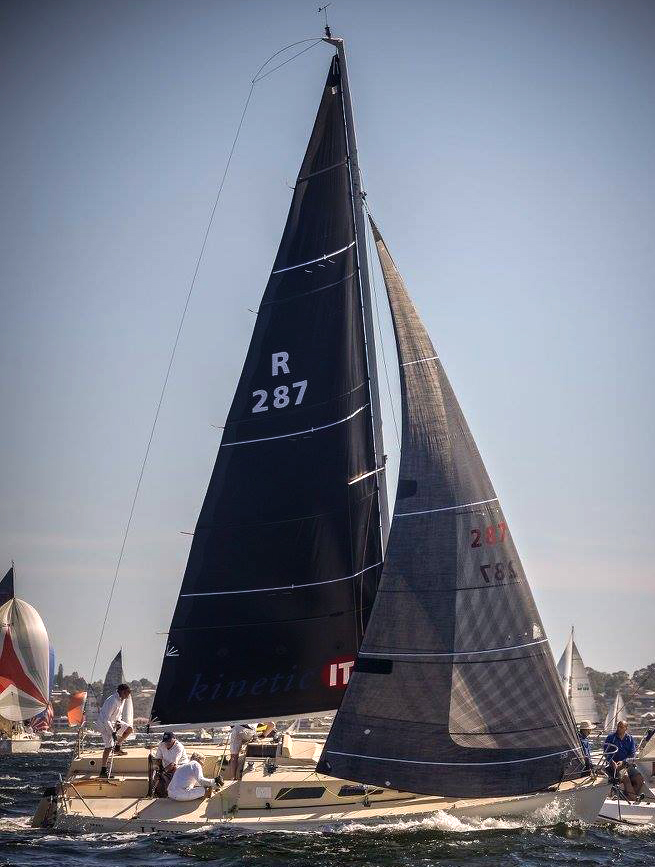 The S97 HEJIRA sailing with a Titanium mainsail and an X-Drive genoa made with a partial taffeta layer over the portion of the leech that overlaps the mast. The taffeta keeps the tapes from becoming abraded as the sail sweeps across the mast and shrouds each time the boat tacks.