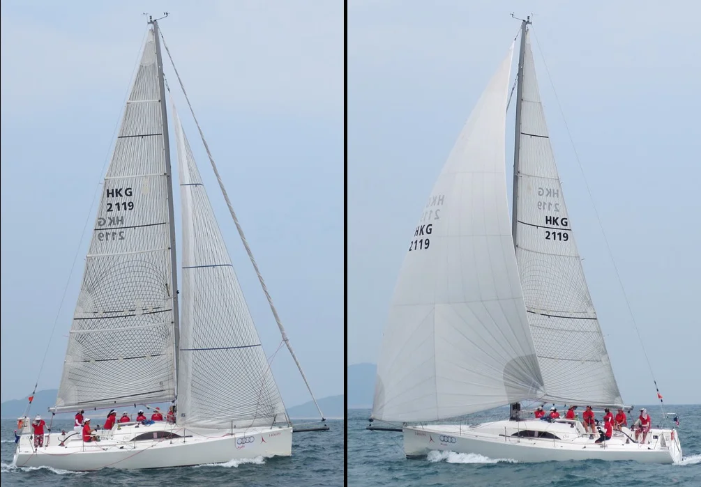 These pictures of an A35 show how much bigger the code zero is than the No. 1 jib