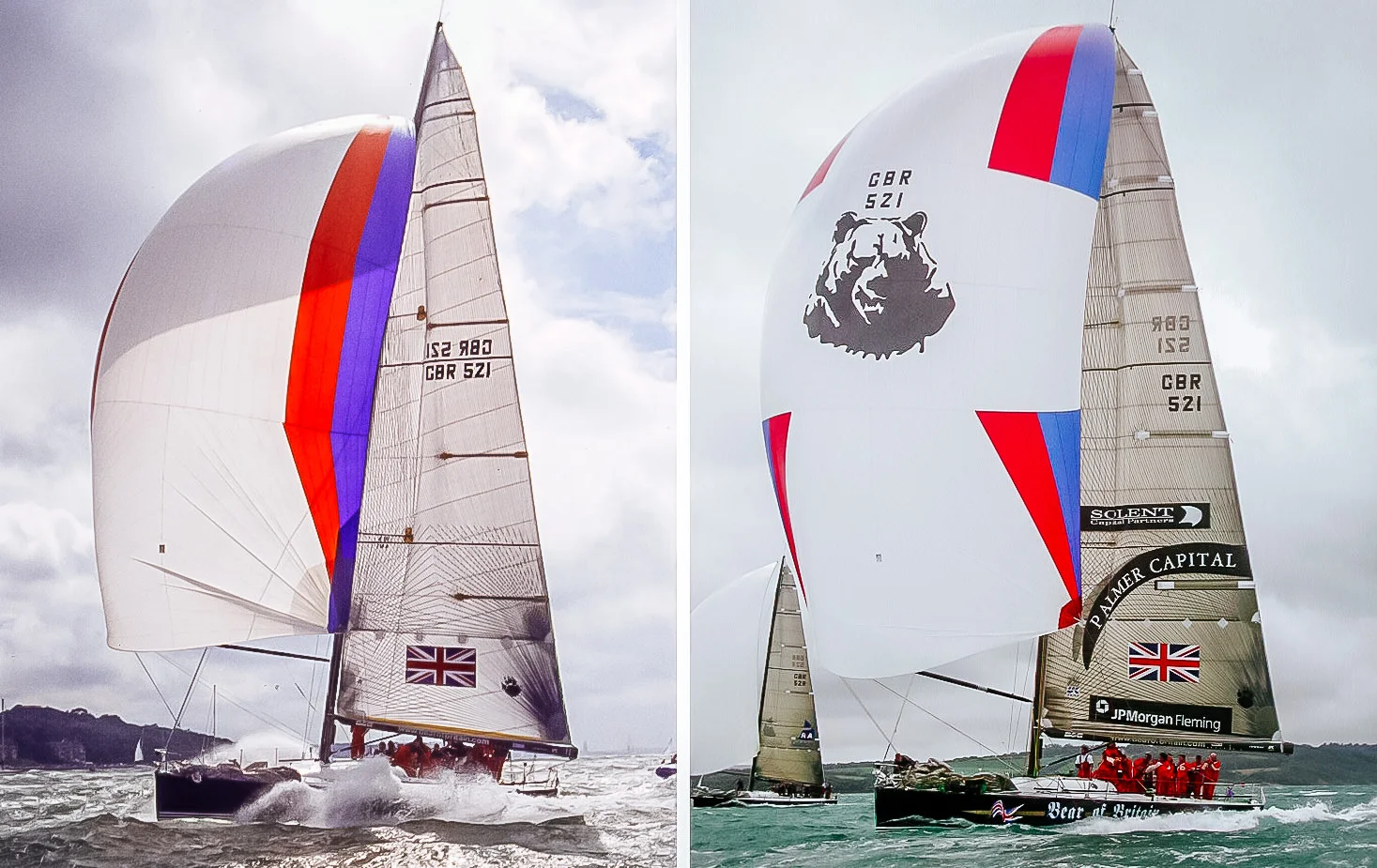 Both photos show the Farr 52 BEAR OF BRITAIN. On the LEFT she is sailing with her S5 flown from the hounds and on the RIGHT she is flying her S4 from the masthead. Notice how much smaller the S5 is. 
