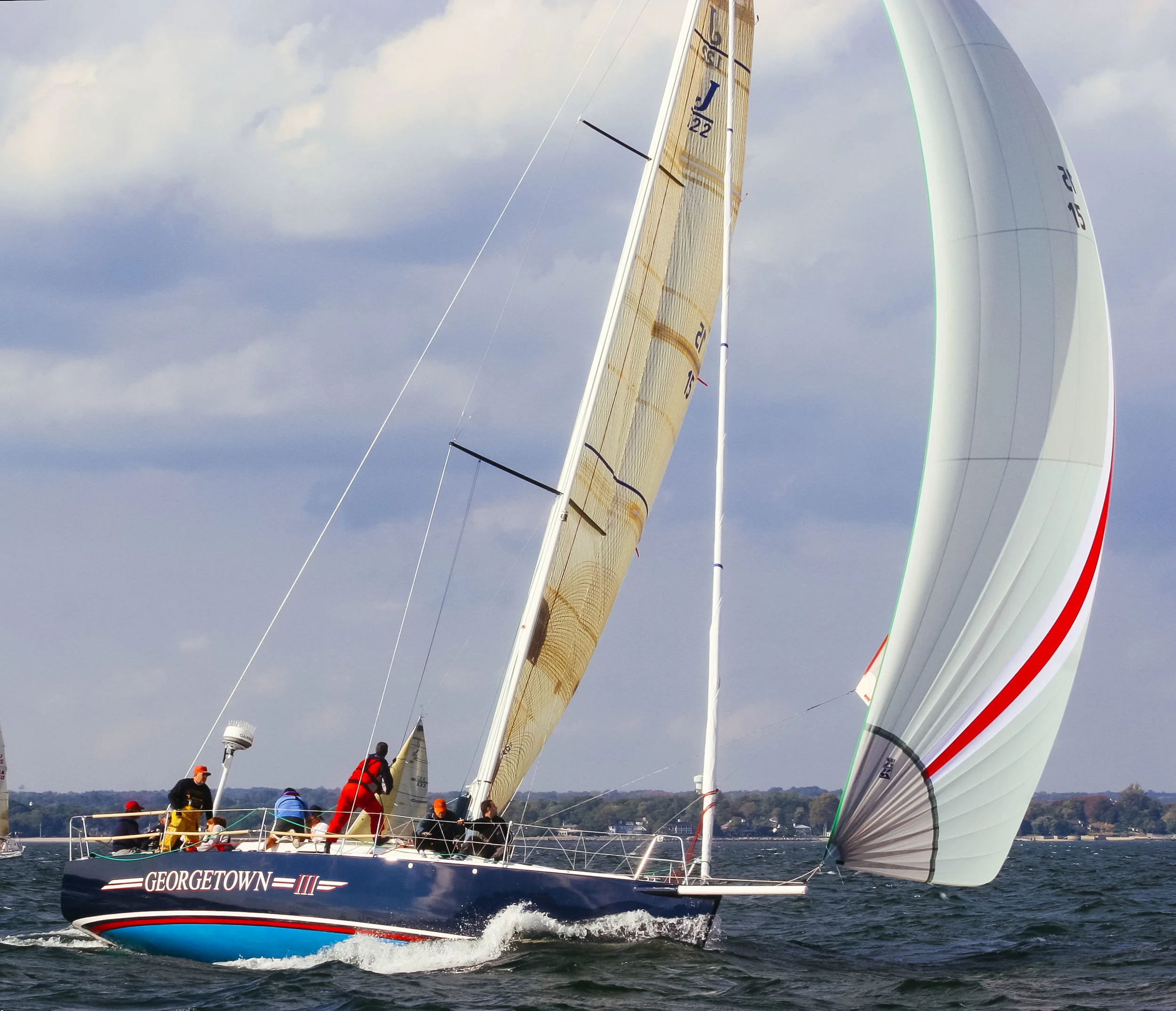 A J/122 sailing with her A3; notice how flat it is.