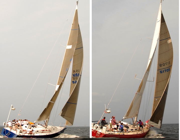 The blue boat on the left is flying a Jib Top, while the similar sized red boat is on the same course with a No. 1 genoa eased out for reaching. These two pictures from the same distance race offer a great comparison of a Jib Top and No. 1 genoa. First you can see the high clew on the blue boat; notice how well the leech of the Jib Top follows the leach of the mainsail. The leech of the red boat's No. 1 genoa is twisted open in the area above the sail numbers. Also, you can see that the mainsail on the red boat is trimmed tighter, which is because of the backwinding off the genoa.
