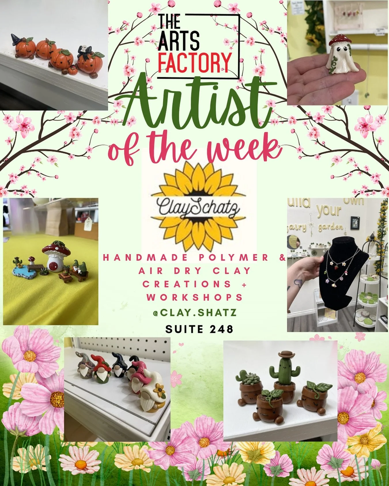 This week the Arts Factory is highlighting ClaySchatz. Our featured artist Lauren is newer to the Arts Factory and has made a big splash already with her handmade polymer and air dry clay. She specializes in miniatures, jewelry, wall art, figurines, 