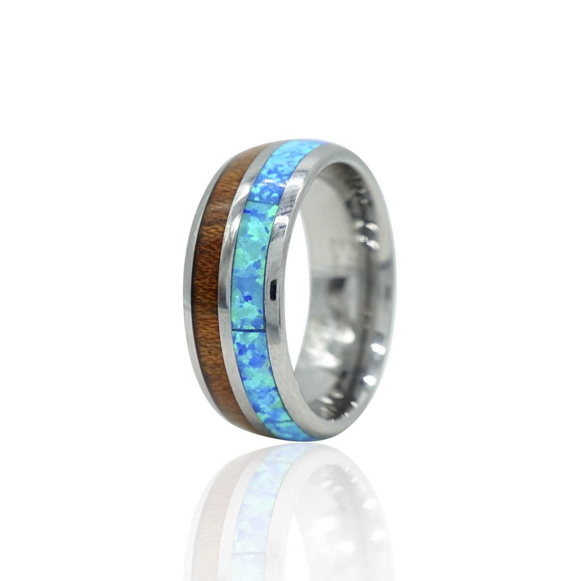 Tungsten Ring with Koa Wood and Opal inlay