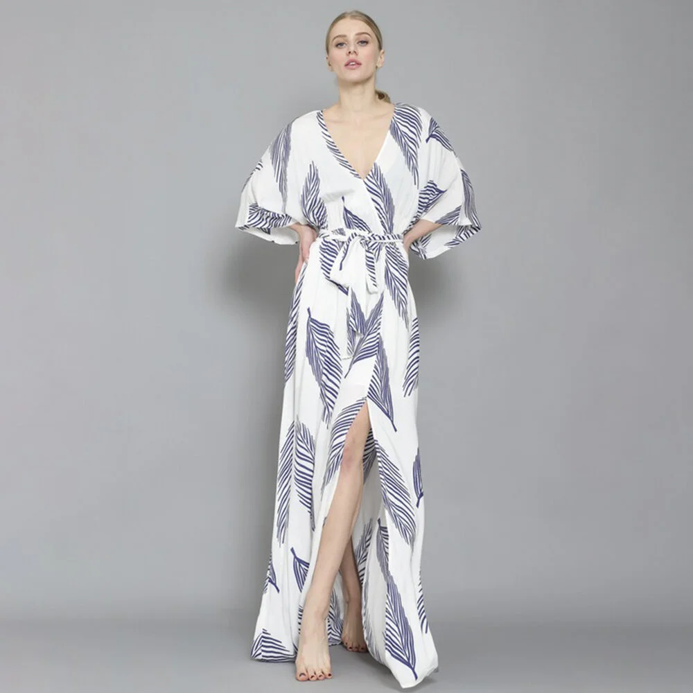FERN PRINT KIMONO SLEEVE MAXI DRESS 