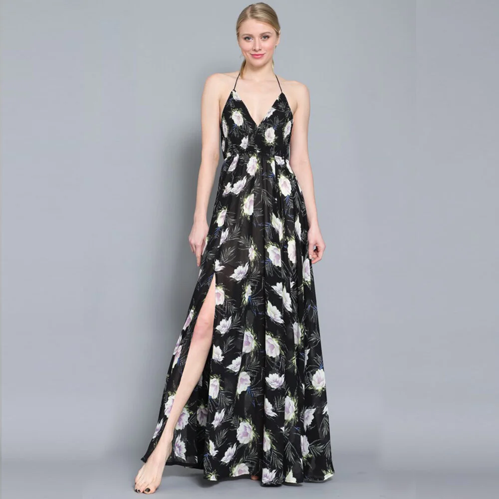 SMOCKED HALTER TIE BACK MAXI DRESS 