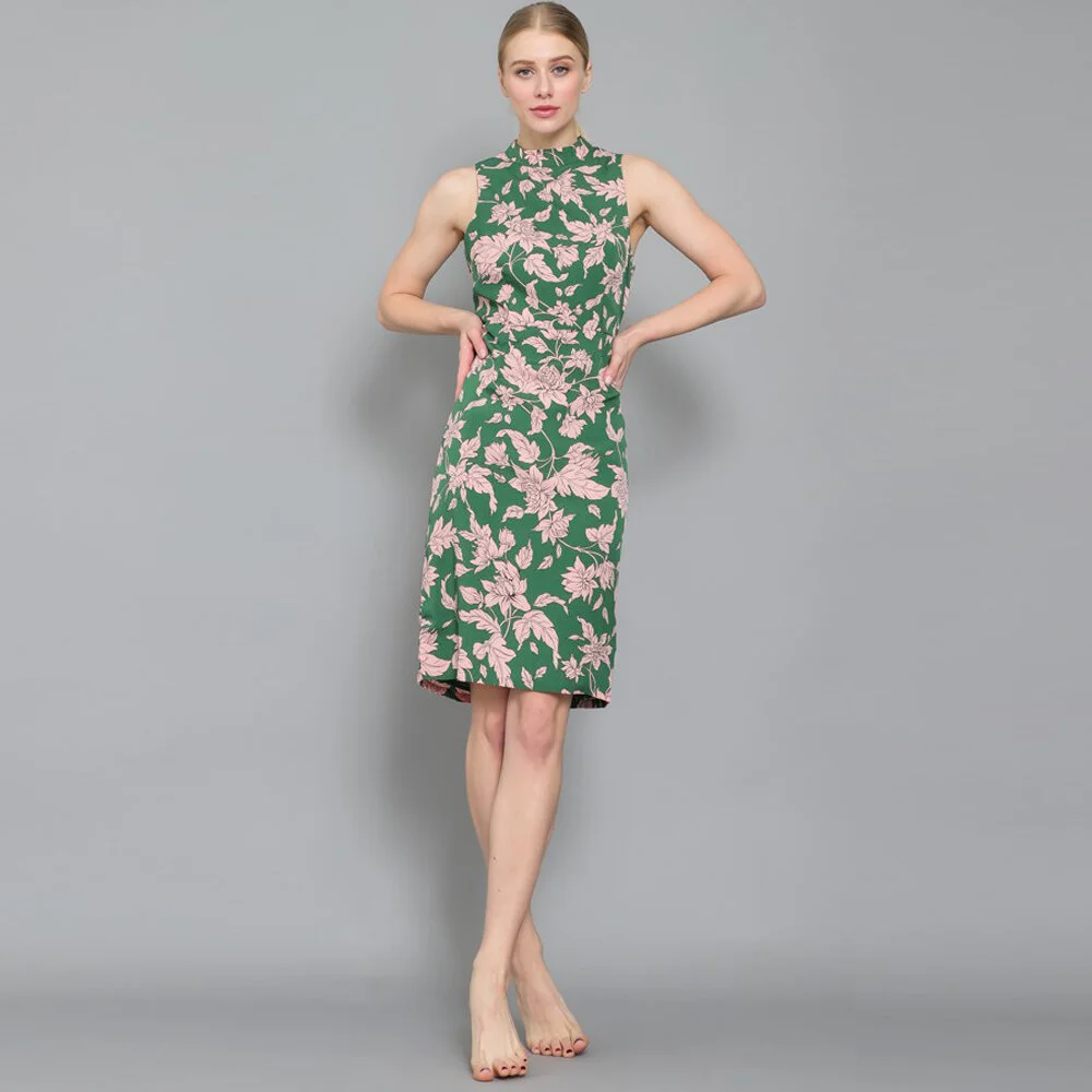 WOVEN SLEEVELESS FLORAL MANDARIN COLLAR DRESS 