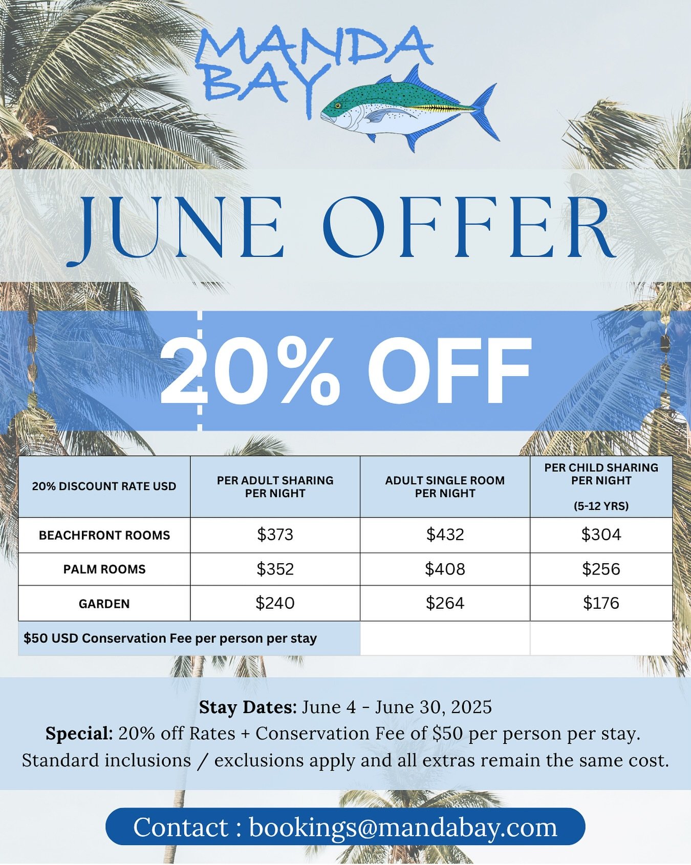 June just got better 🌞
We&rsquo;re giving you 20% off your Manda Bay stay from June 4th&ndash;30th - because you deserve salty hair, sandy toes, and sunsets that stop time.

📩 Book with Lilian at bookings@mandabay.com
📅 Check dates: mandabay.com/s