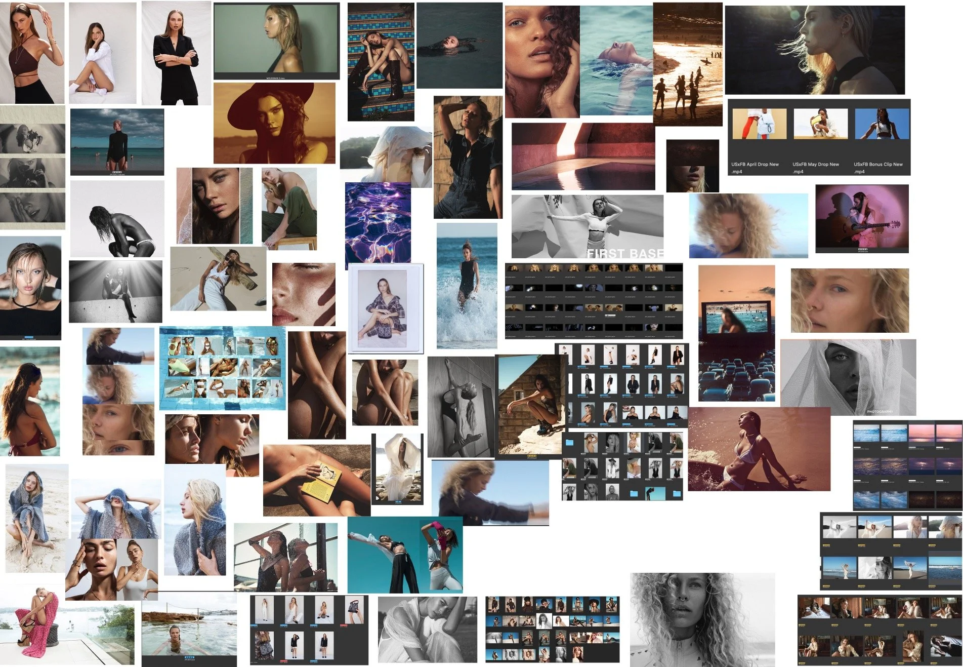 A collage of numerous fashion and lifestyle photographs featuring women in various settings, poses, and outfits, including beaches, pools, urban environments, and studio setups.