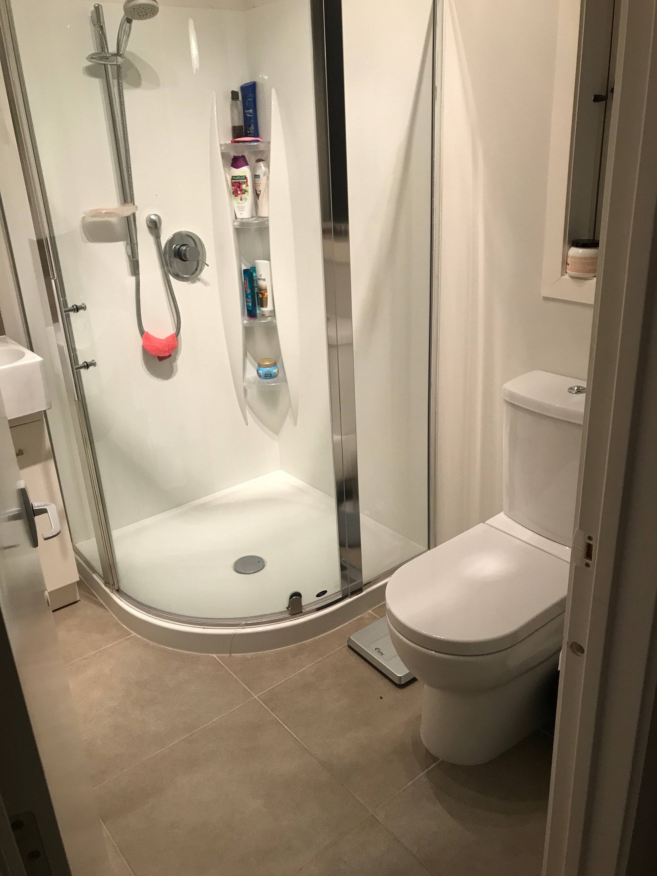 Ellerslie bathroom renovator Auckland. Round shower and toilet before photos of ensuite . Bathroom Renovation by E J Building Bathroom renovators In Auckland.