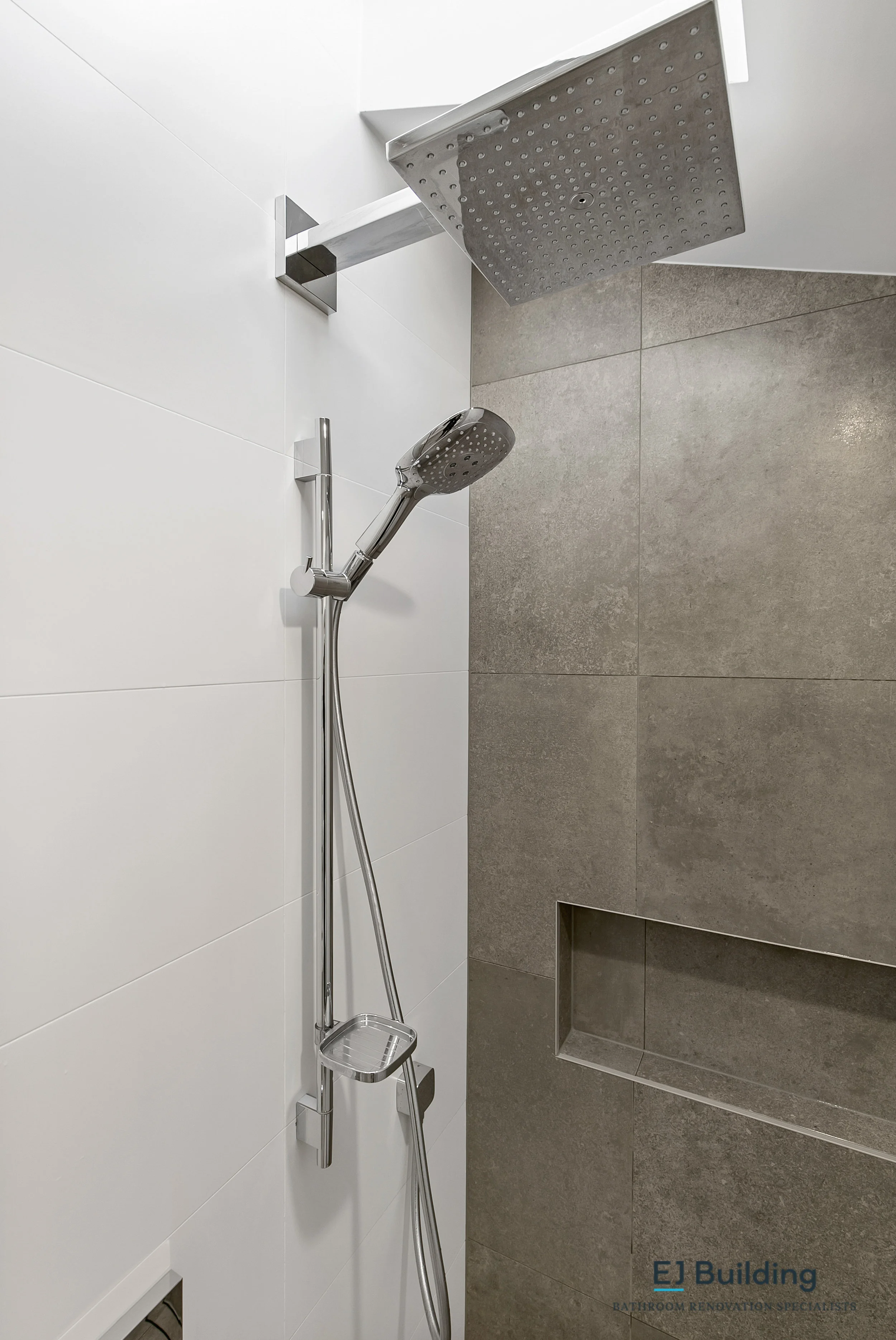 Ellerslie bathroom renovator Auckland. Two shower heads with large dump shower, and classic slide shower . Bathroom Renovation by E J Building Bathroom renovators In Auckland.