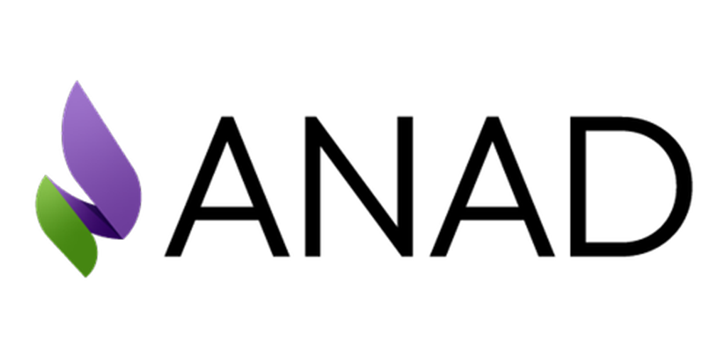 Logo of ANAD with purple and green leaf graphic
