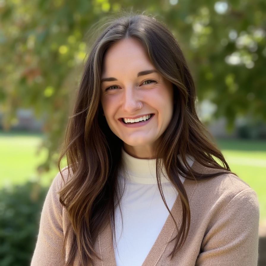 Portrait of a young woman with long brown hair, light makeup, and a slight smile, standing outdoors with a rocky background.