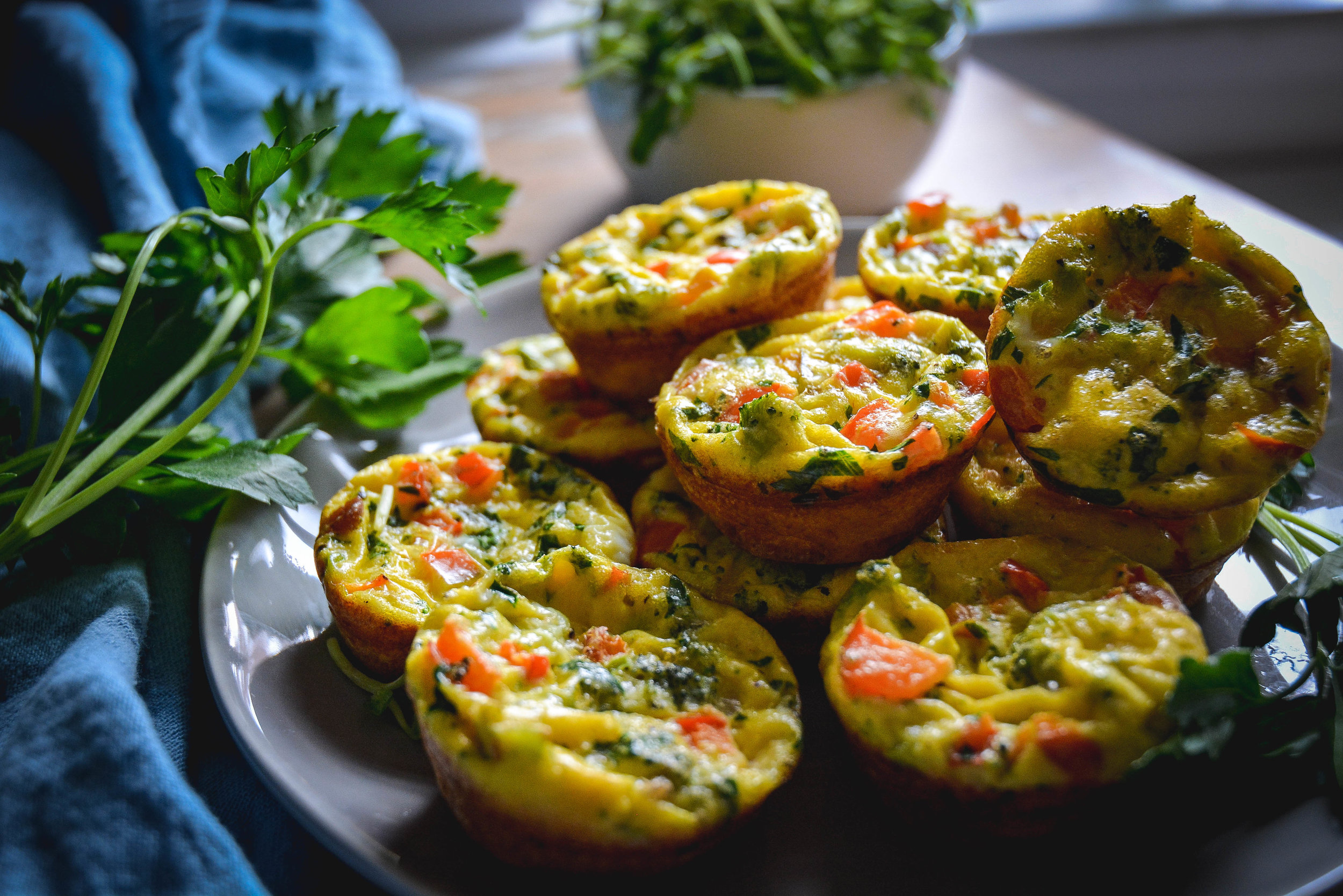 Easy Mini Frittatas with Bacon Broccoli and Red Pepper on plate