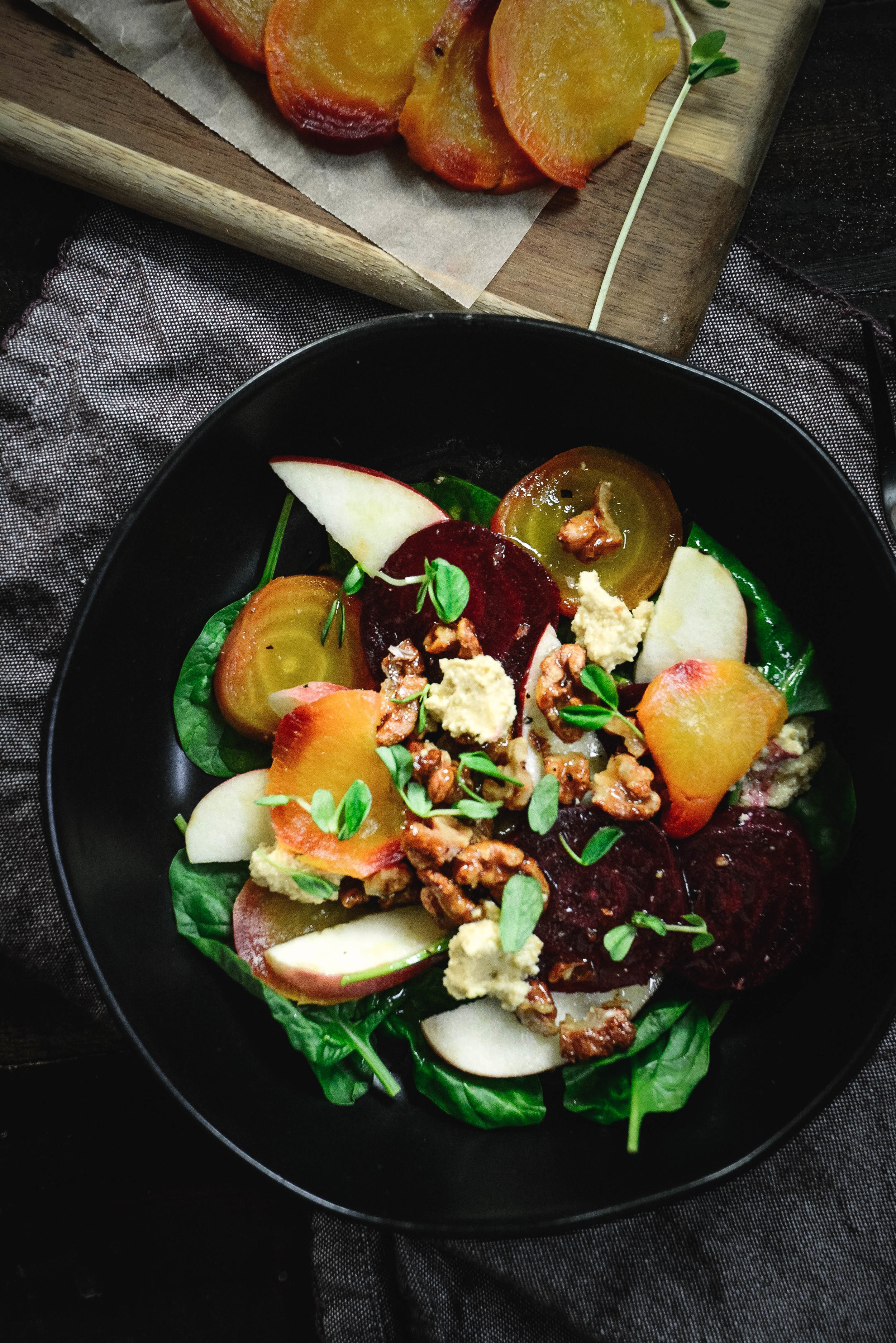  Make your tastebuds happy with this delicious and hearty roasted beet salad with apple, candied walnuts and cashew cheese. It's a fantastic combination that won't disappoint. If you're whole 30, you can still make this by simply using regular walnuts instead of candied. #salad, #fall, #beets, #apple, #calmeats, #vegan, #cashewcheese, #paleo, #whole30, #realfood, #glutenfree, #dairyfree, #dairyfreecheese, #paleocheese 