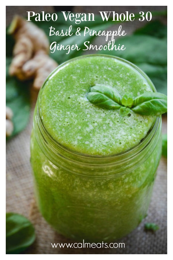  This is a refreshing and super speedy basil smoothie you can whip up anytime you want a burst of energy. It's paleo, whole 30 approved with a vegan option. #greensmoothie, #vegan, #whole30, #paleo #calmeats #smoothie #realfood #greendrink #collagen #basismoothie 