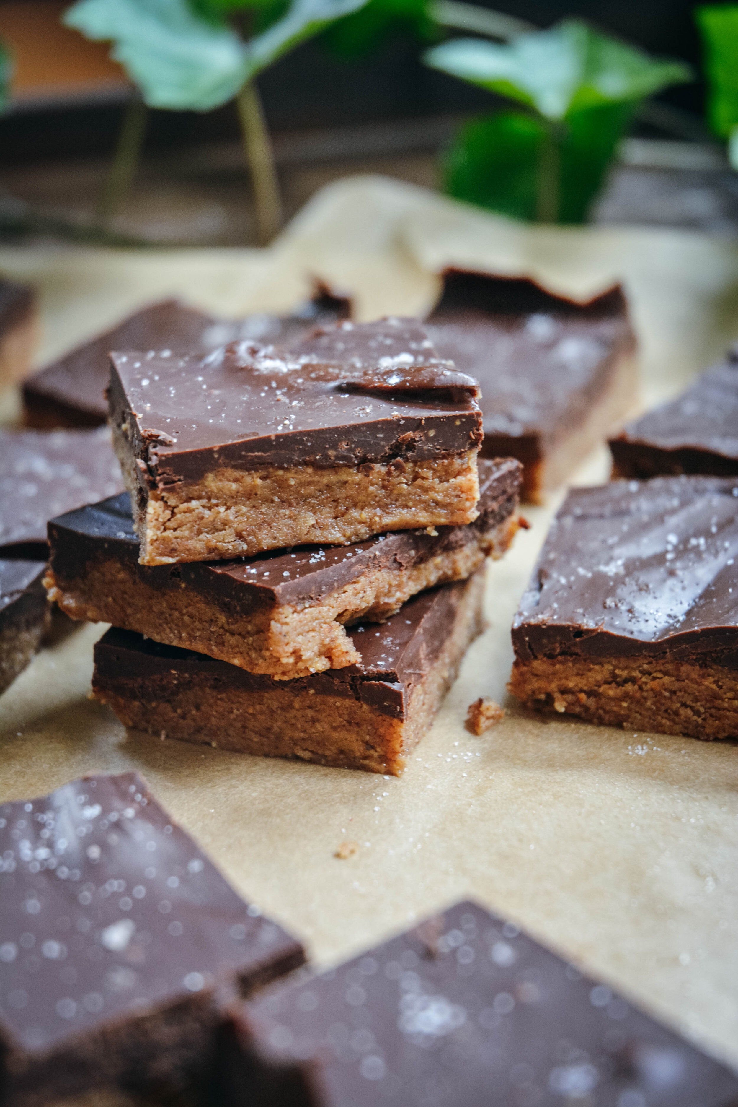 Chocolate almond butter bars stacked