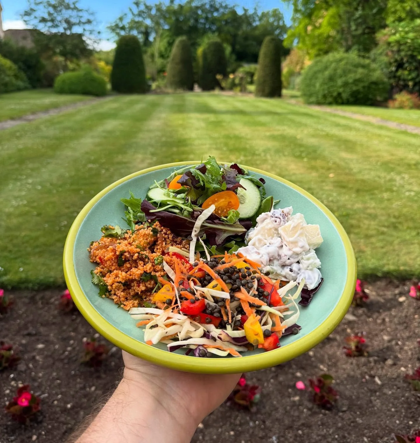 Three salads! We choose three of our fresh deli salads everyday for the menu. Perfect for munching in the sunshine. Always dressed with @cotswoldgold raspberry drizzle! #salads #vegan #deli #sunshine #summeriscoming #broadway #veg #cotswolds #cafe #b
