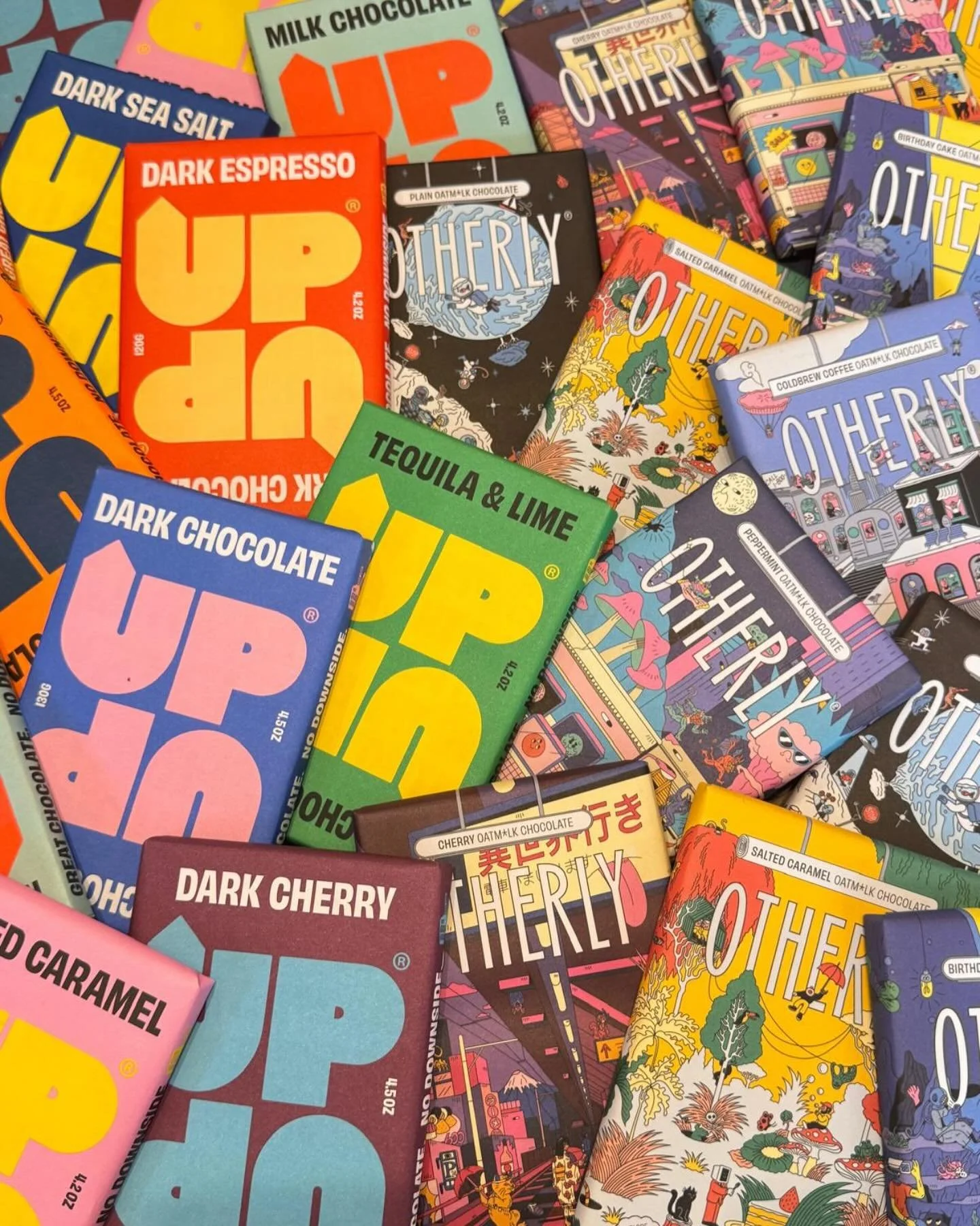 The latest batch of chocolate ahead of Easter came in last week. A great selection of slave free chocolate from @upupchocolate and delicious oat milk chocolate from @theotherlyside Loads of flavours here and they are all top notch #choc #delicious #d