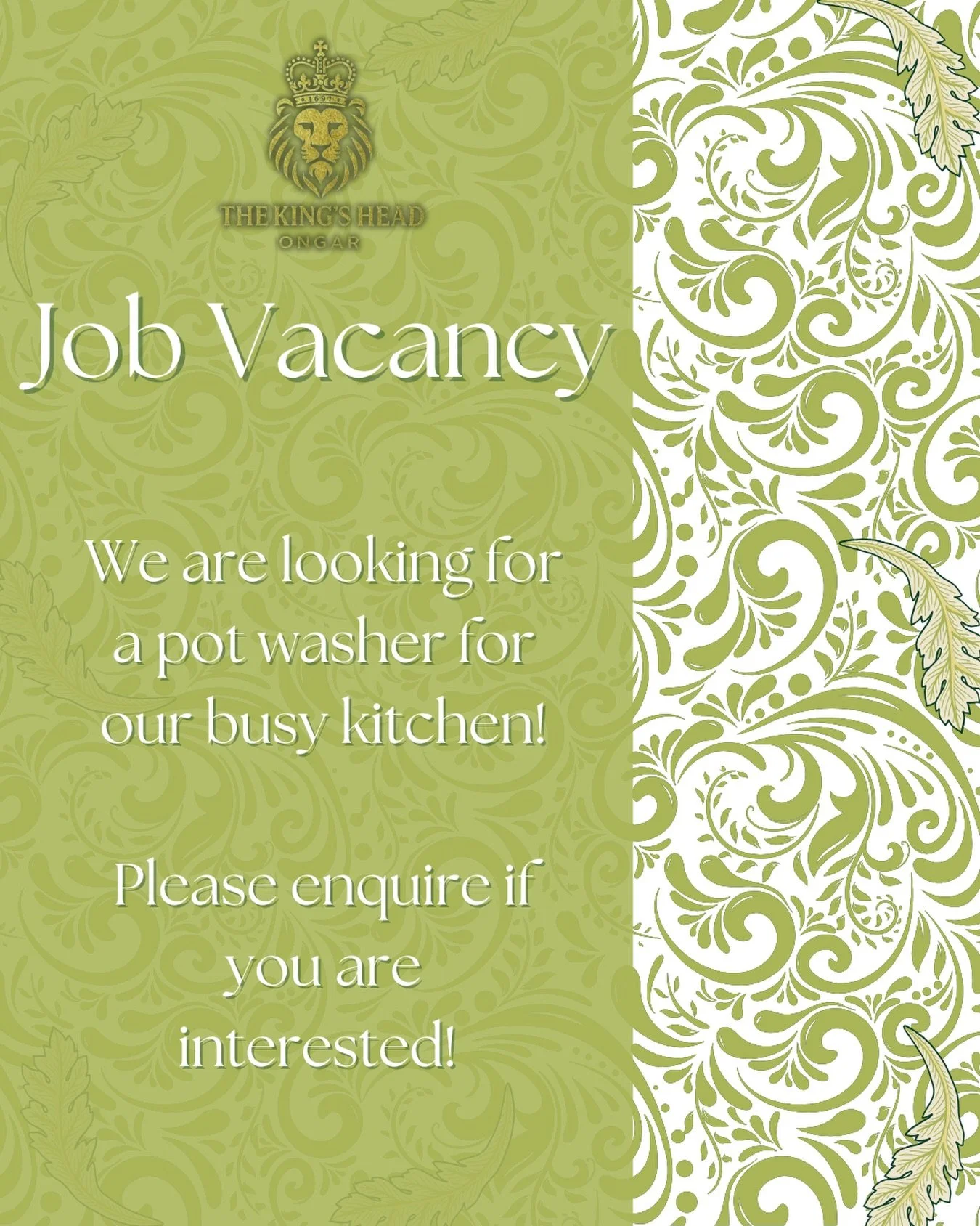 🚨 We&rsquo;re Hiring &ndash; Pot Washer 🚨
Join our busy, fast-paced kitchen team! Experience preferred but not essential. If you&rsquo;re hardworking, reliable, and ready to get stuck in, we&rsquo;d love to hear from you.
📩 Get in touch to apply m