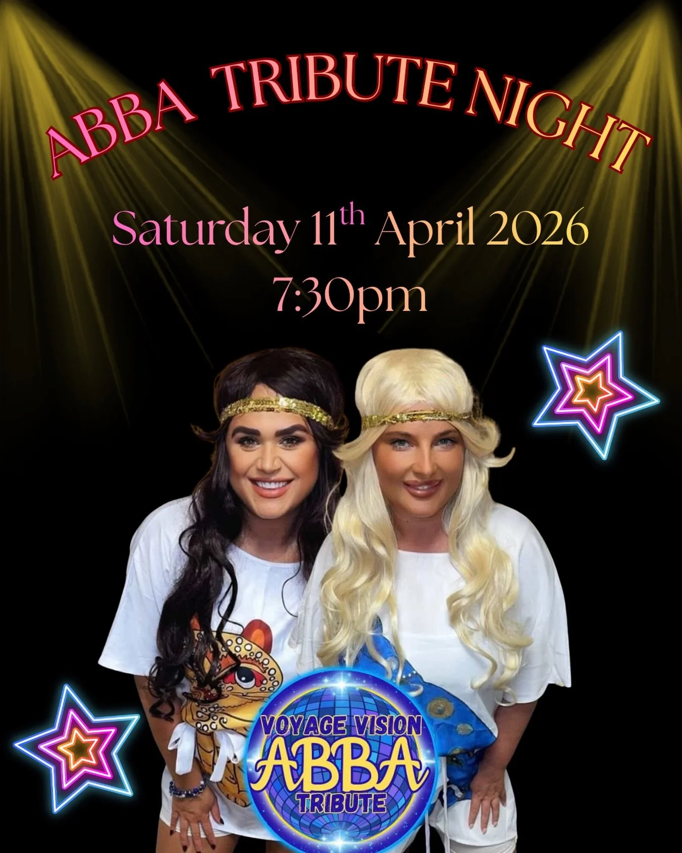 Get ready to say &ldquo;Gimme! Gimme! Gimme!&rdquo; 💃🕺

Join us for an unforgettable ABBA Tribute Night with Voyage Vision 🎤✨
📅 Saturday 11th April
🕢 7:30 PM

Sing along, dance all night, and relive the magic of the ultimate pop legends 🎶💫

Do