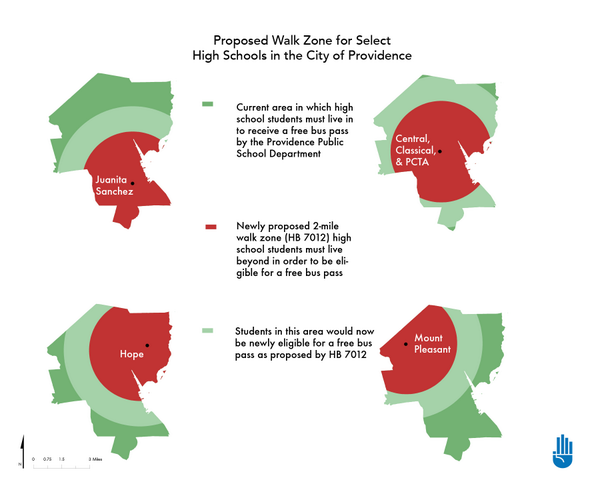 A map of the proposed changes in bus pass eligibility radius.