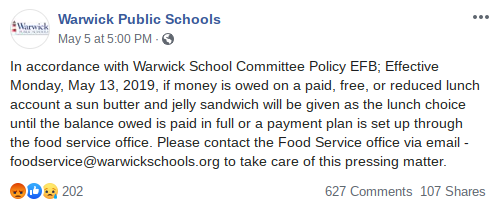 Warwick Public Schools Facebook post announcing lunch shaming policy.