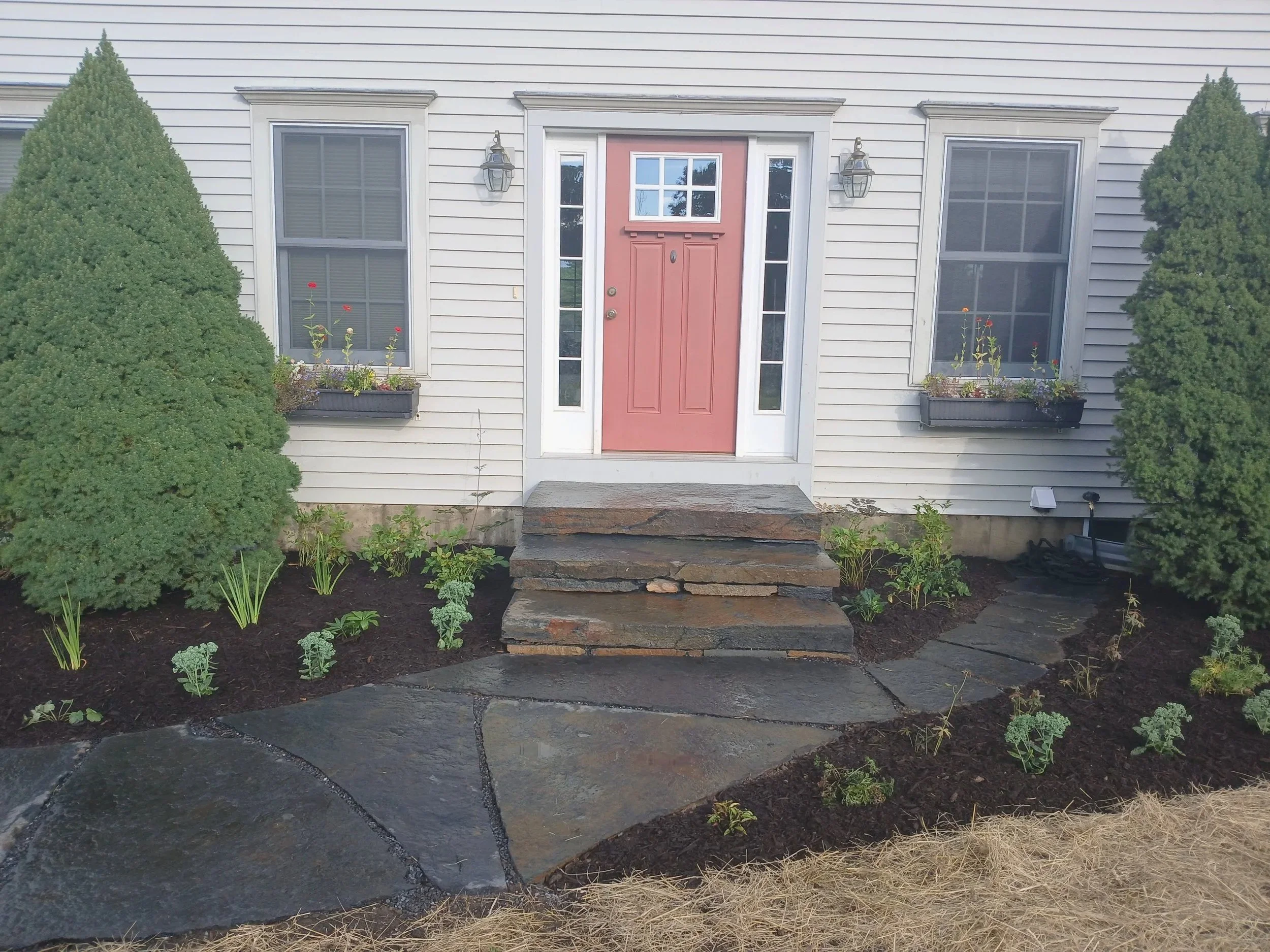 Front entrance stone steps and curving stone walkway