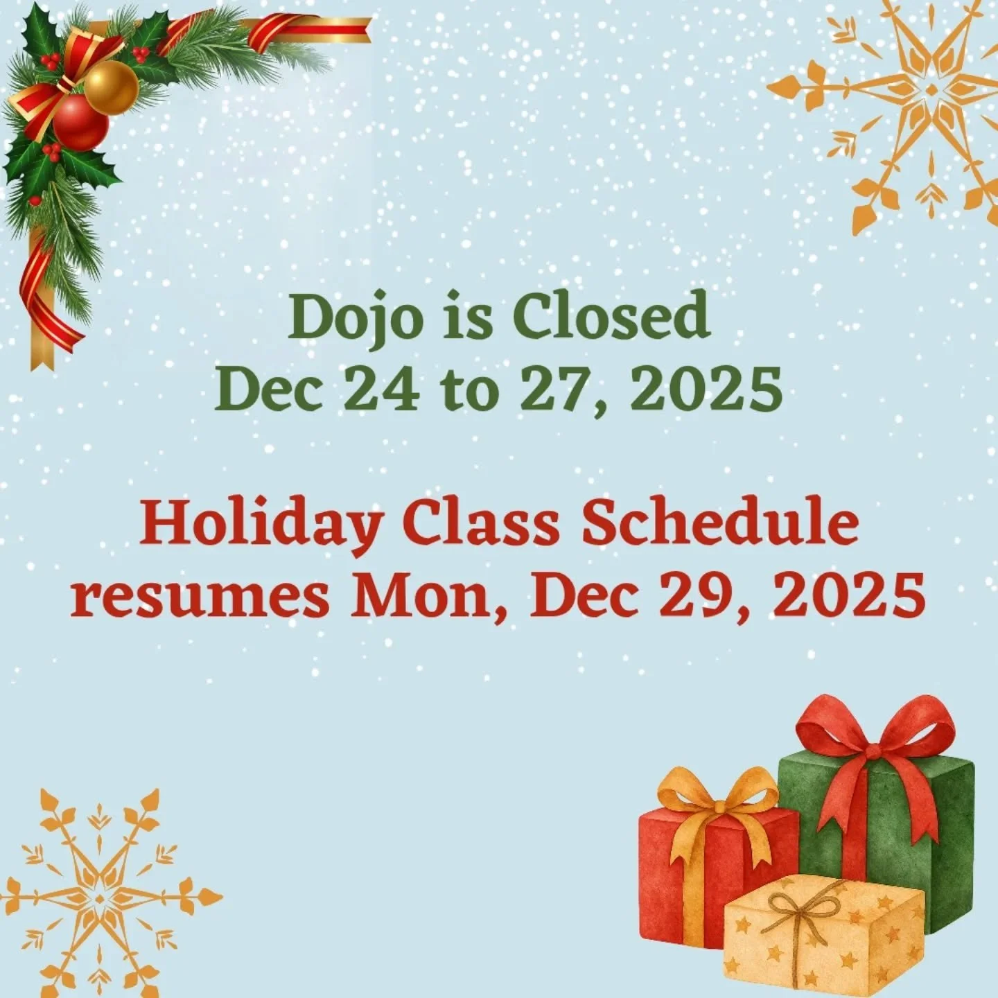🎅 CLOSED FOR THE HOLIDAYS 🎄
.
No Classes for the next few days. Dojo resumes on Monday with our Holidays Hours and our Winter Camp.
.
❄️ 2025 Winter Camp Registration ❄️ click link in bio ☝️
.
.
#christmas #holidays #karate #mississauga