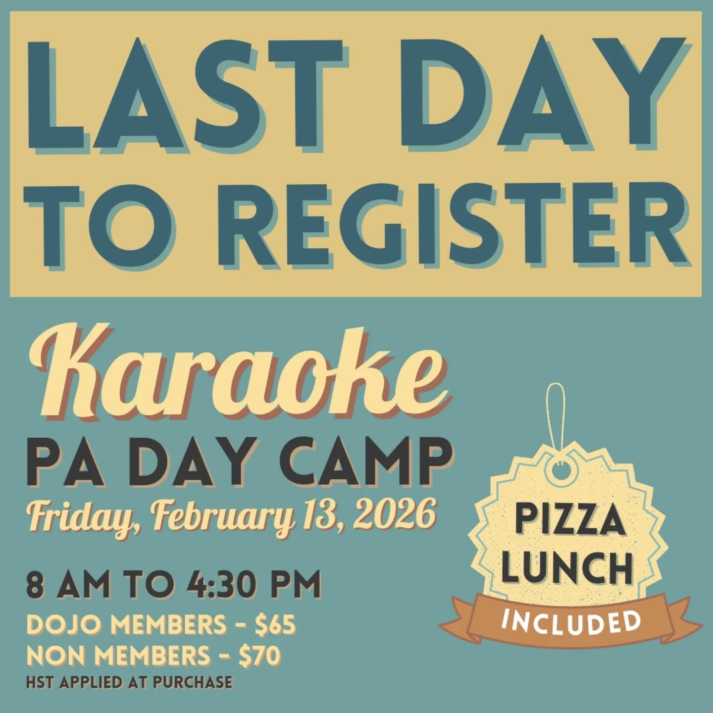 LAST DAY TO REGISTER
.
Tomorrow is our Karate Karaoke PA Day Camp. Have your child learn martial arts, have fun and learn new skills. Pizza Lunch is provided for all kids.
.
Click the link in our bio to register ☝️ 
.
.
#mississauga #martialarts #pad