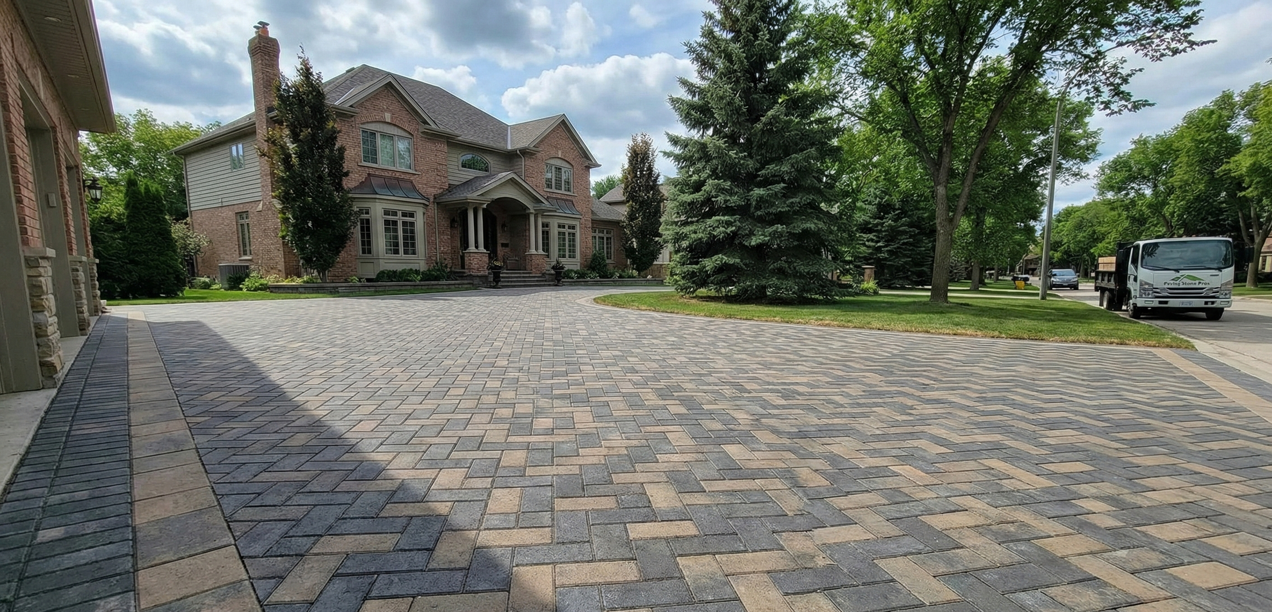 Luxury interlocking paving stone driveway installed by Paving Stone Pros in the Tuxedo neighborhood of Winnipeg
