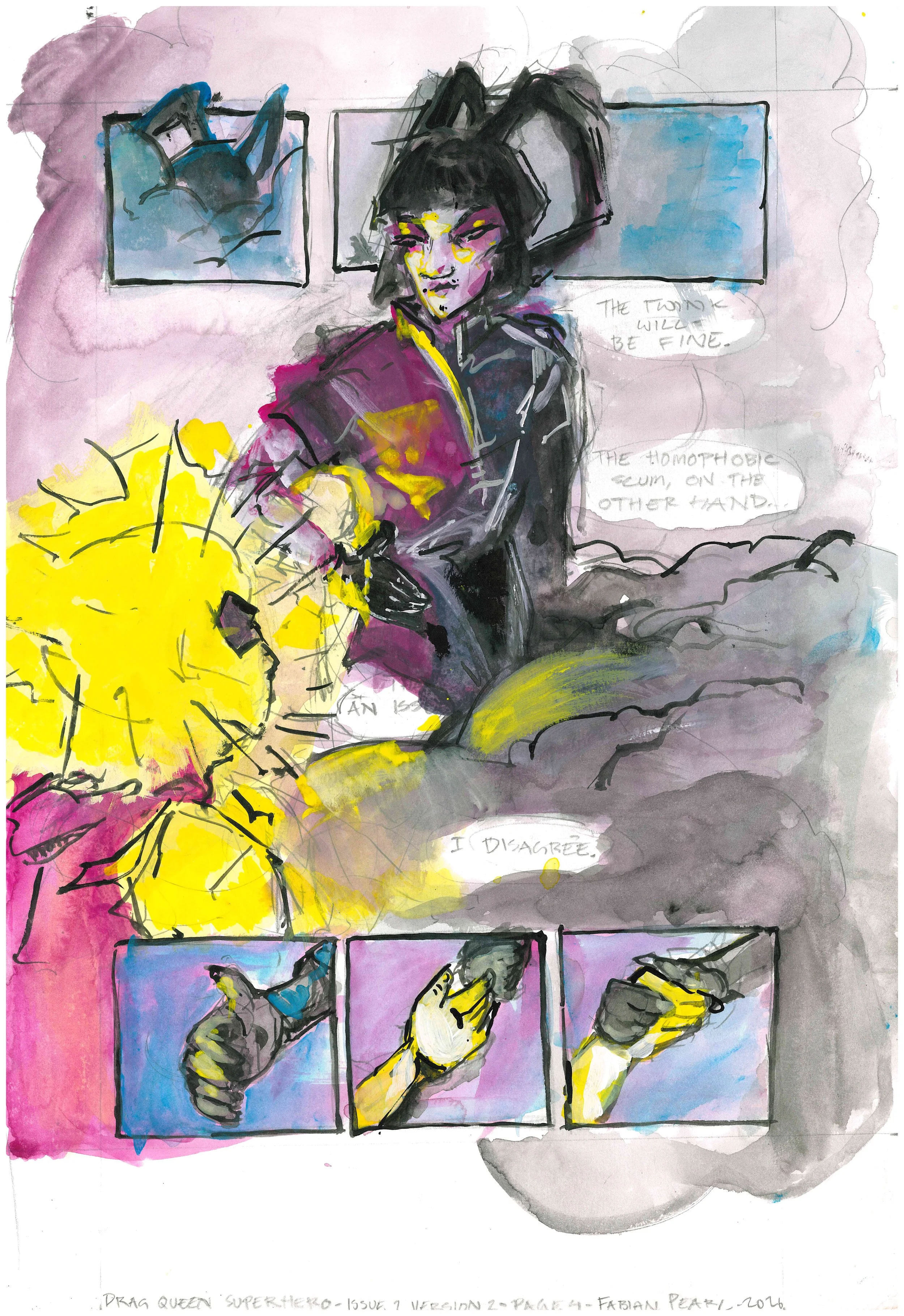 Fabian Pearl, Drag Queen Superhero Issue One Page Four, 2026, gouache on paper, 18 x 12 in..jpg
