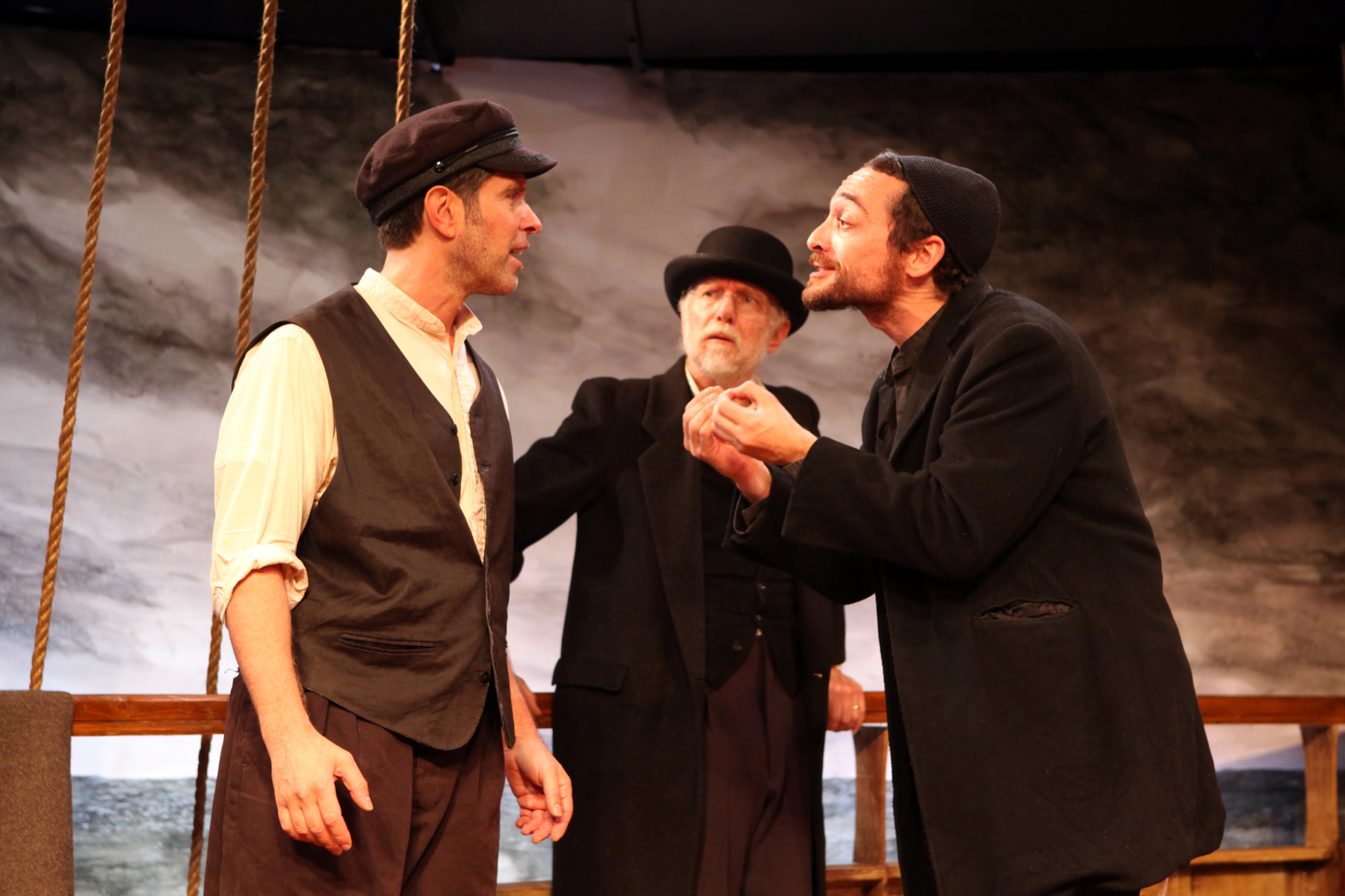 Ben Prayz, as Samuel, argues with Sean Singer as Jeff Fader listens The Learning Play of Rabbi Levi-Yitzhok, Son of Sara, of Berditchev, Castillo Theatre, October 2011 Photo: Ronald L. Glassman