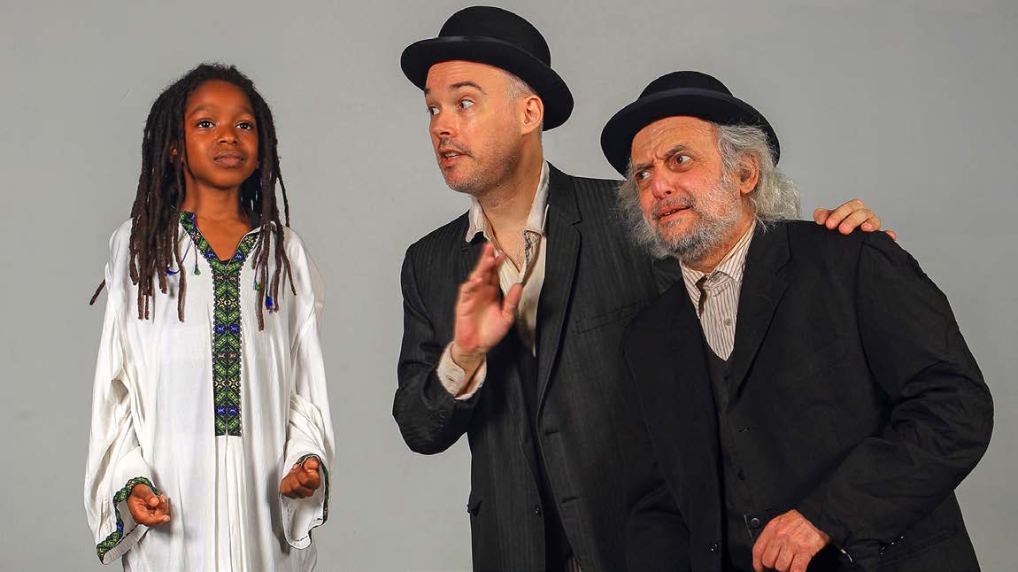 (From left) Nicholas Jenkins, Shane Baker, and David Mandelbaum in the first-ever Yiddish language production of Waiting for Godot by Samuel Beckett, translated by Shane Baker and directed by Moshe Yassur. A coproduction of the New Yiddish Rep and Castillo Theatre, September 2013. (Photo by Ronald L. Glassman)