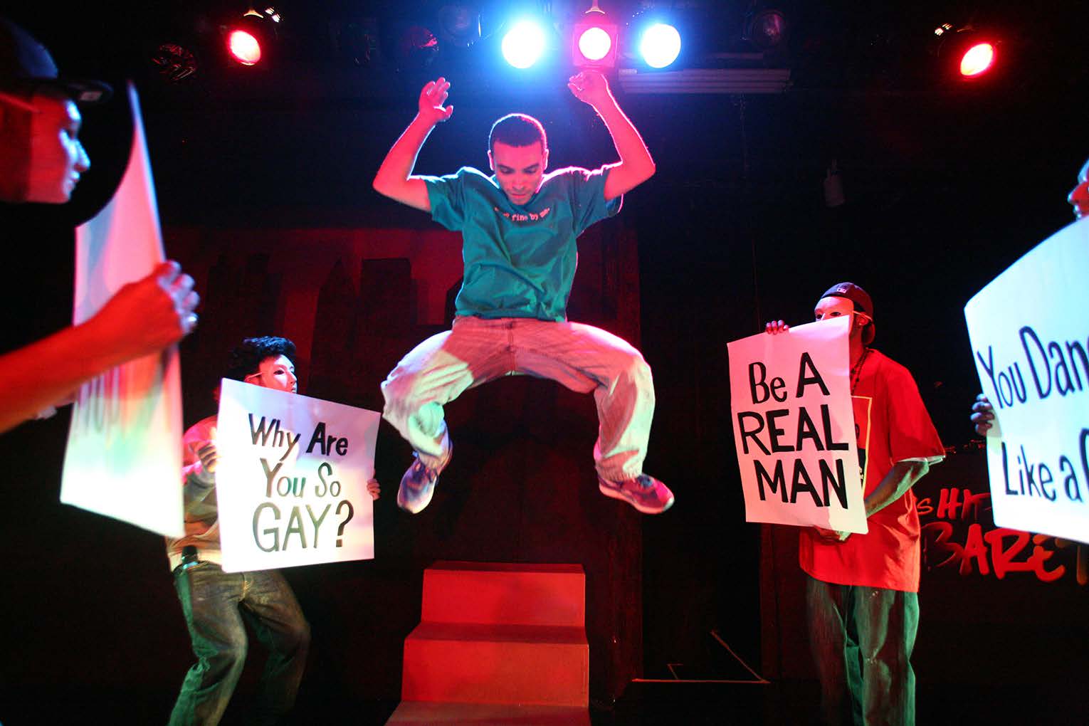  (Facing page) Jesse Vega (center) with ensemble in the All Stars Hip-Hop Cabaret #7, a devised production directed by Dan Friedman and Antoine Joyce at the Castillo Theatre, August 2009. (Photo by Ronald L. Glassman) 