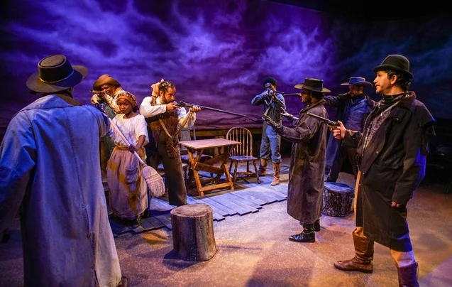 (l to r) Yancy, with back to camera, (Johnny Travers), Pap (Sean Turner), Sejata (Ashleigh Awusie), Matata (John Rankin III), Albert (Michael Alcide), Jesse James (Brad Burgess), Frank James (David Gazzo) and Billy Gashade (Guy Prir) Matata and Jesse James: An American Tragedy, Castillo Theatre, April 2018 Photo: Ronald L. Glassman