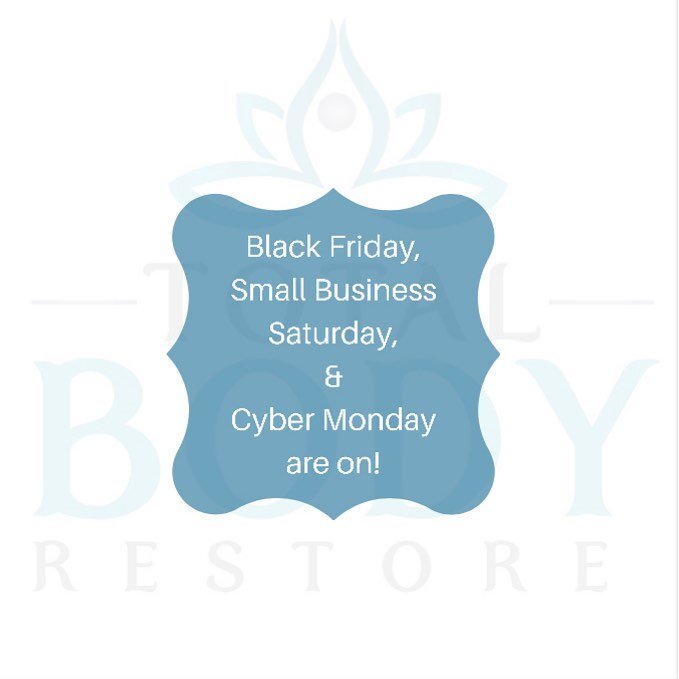 Check out this weekend&rsquo;s specials! Link in bio. 
&bull;
&bull;
&bull;
#totalbodyrestore #wkchamber #wilmette #blackfriday #smallbusinesssaturday #cybermonday #andaskincare #vitalessenceserum #massagedeals #massage #90minutemassage